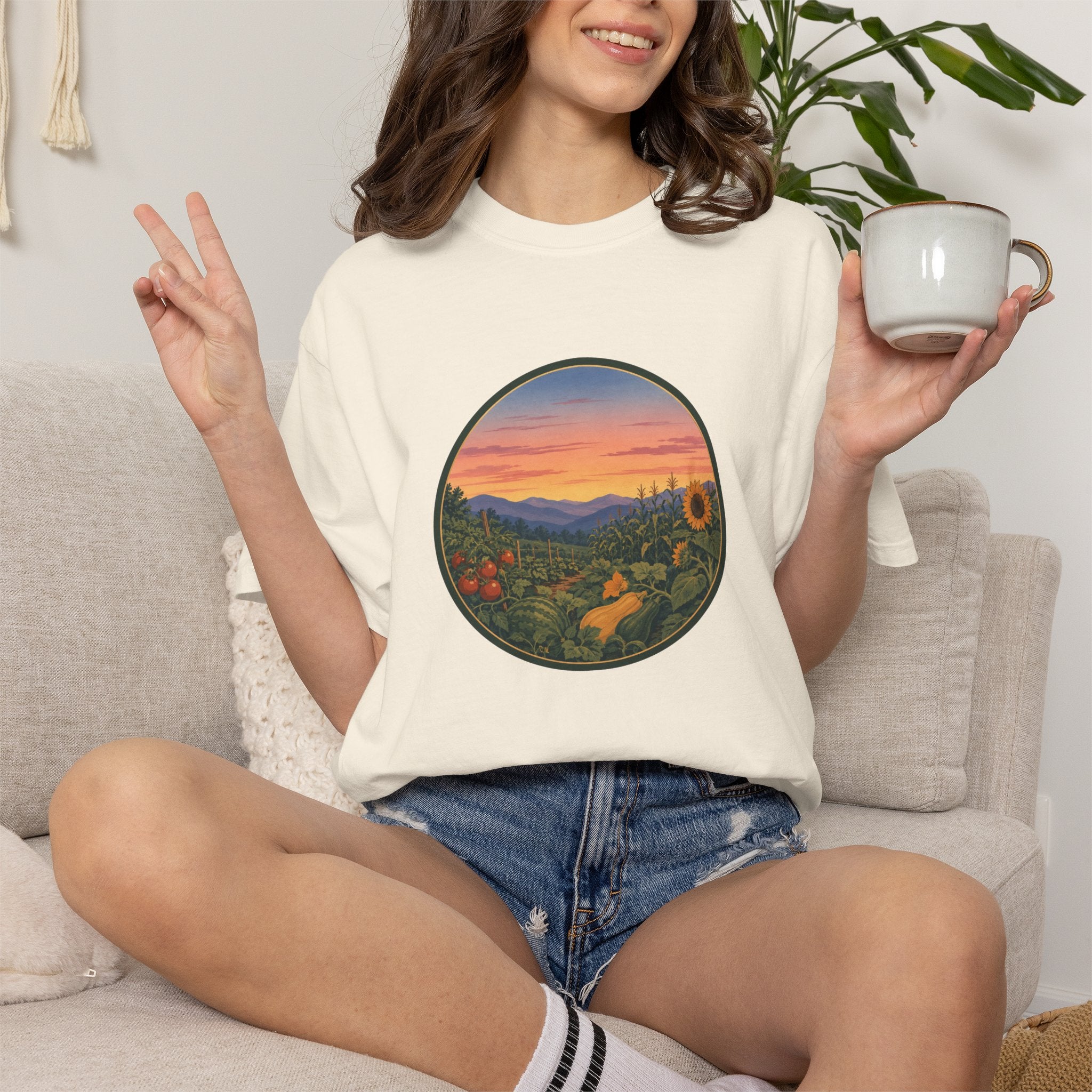 Sunset Mountain Garden T-Shirt — Scenic Fresh Vegetables Landscape Tee