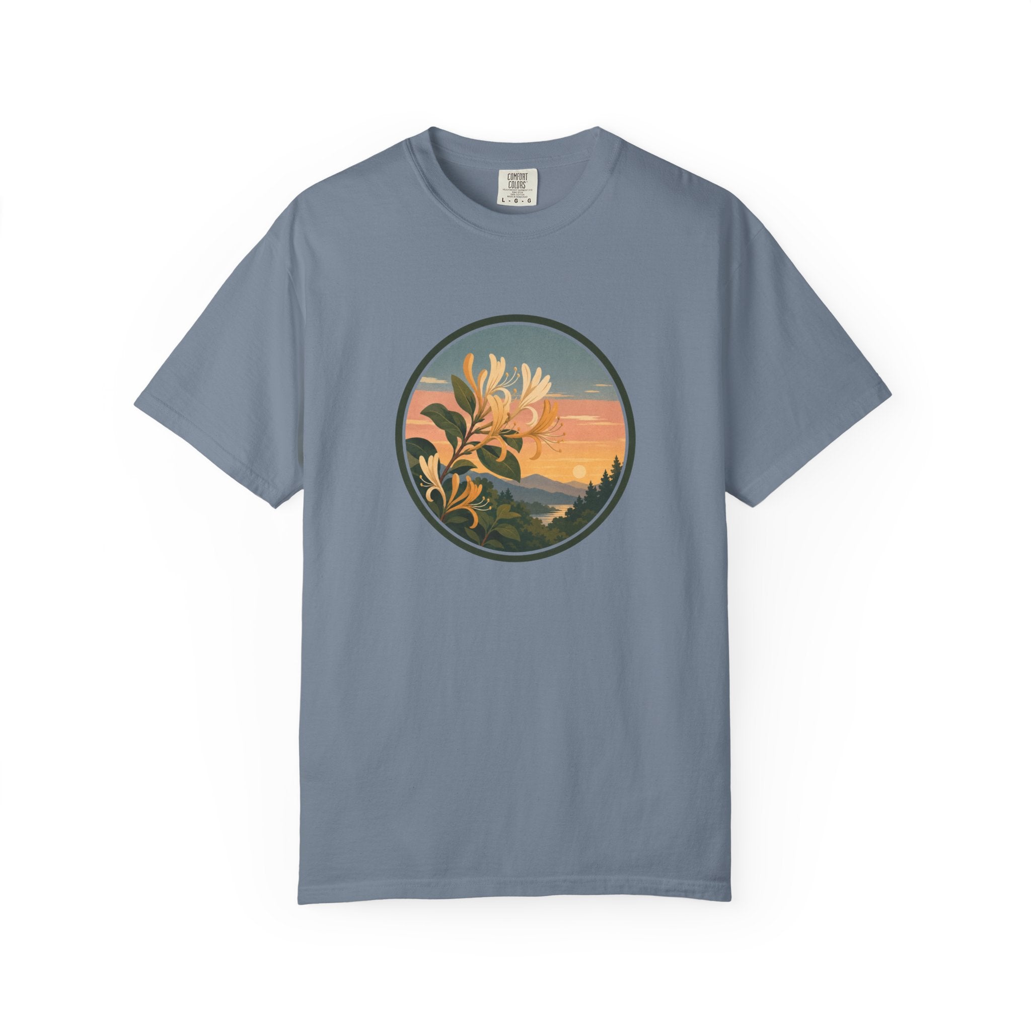 Sunset Honeysuckle T-Shirt — Floral Sunset Circle Graphic Tee