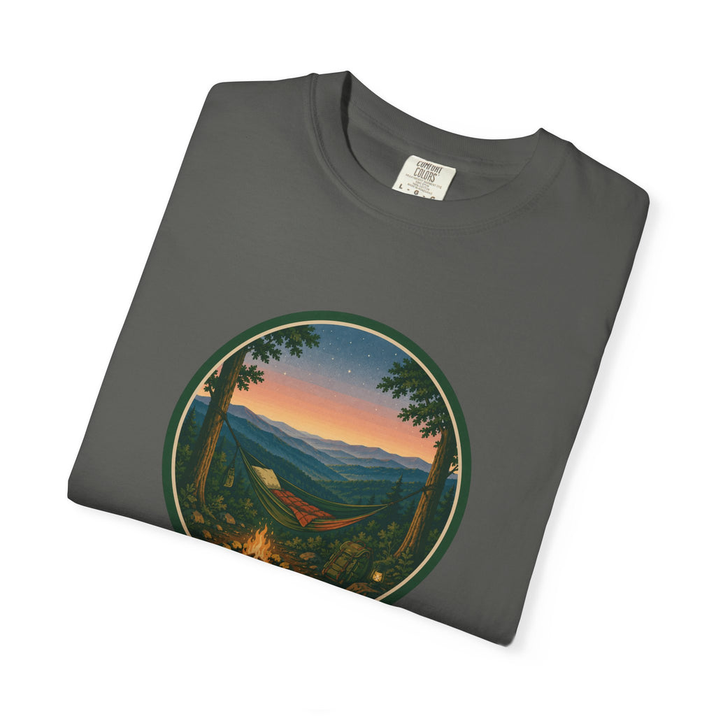 Campfire Mountain Sunset T-Shirt — Scenic Hiking Adventure Tee