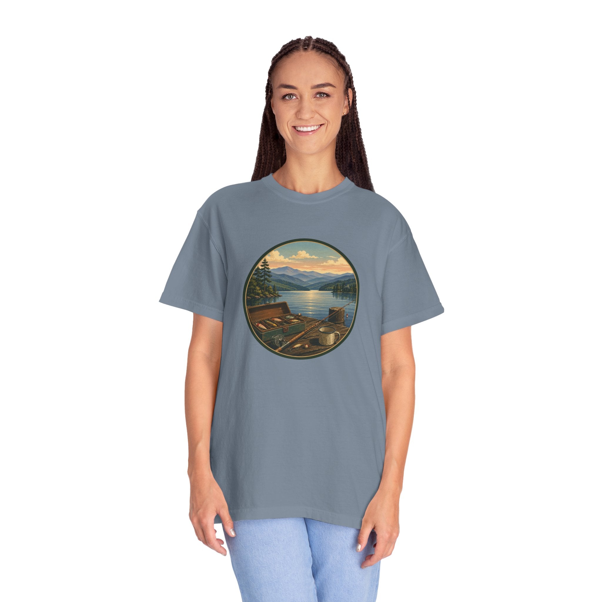 Vintage Fishing Tackle T-Shirt — Mountain View Dock Scene Tee