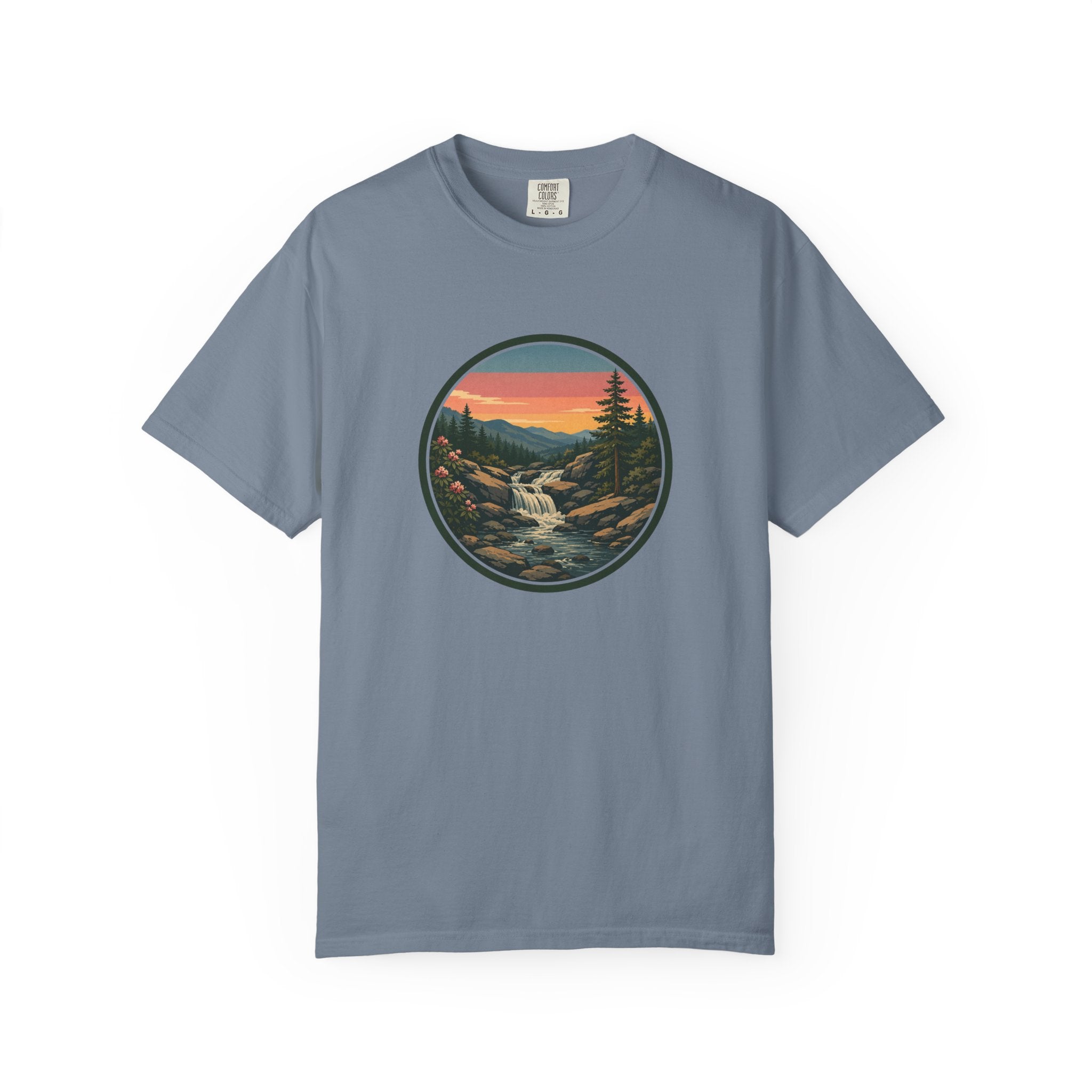 Scenic Waterfall T‑Shirt — Sunset Wilderness Nature Graphic