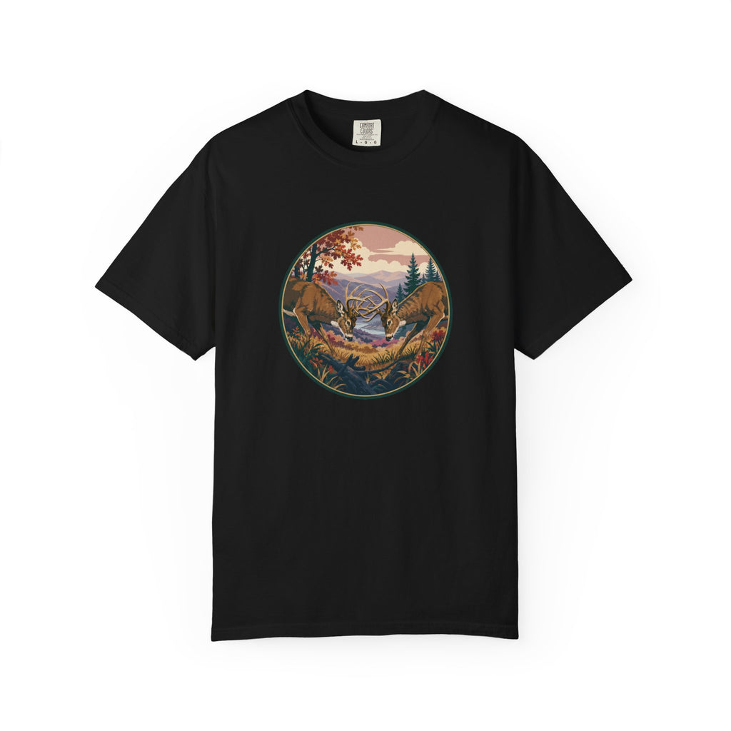 Scenic Wilderness Circle T-Shirt — Mountain Camping & Deer Nature Graphic