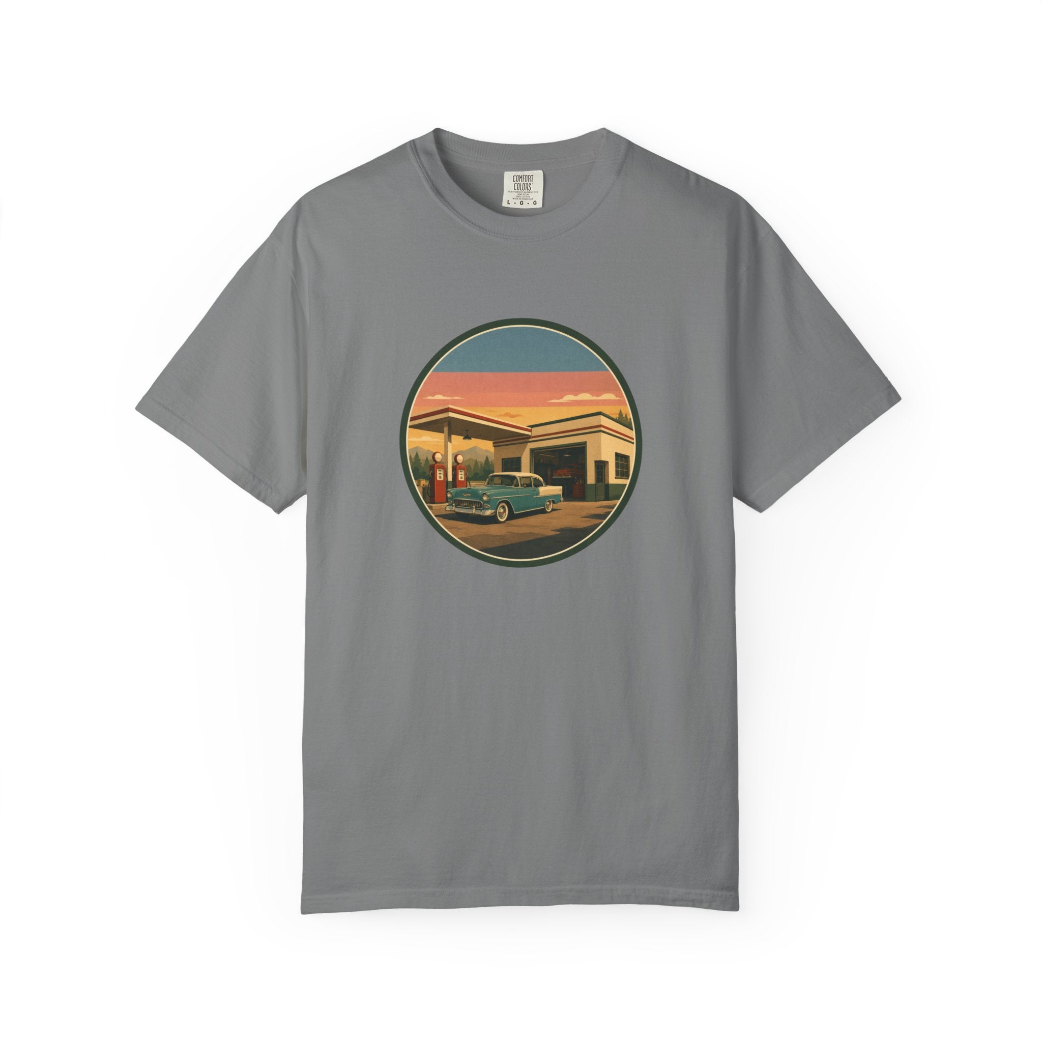 Retro Gas Station T-Shirt — Vintage Sunset Roadside Design