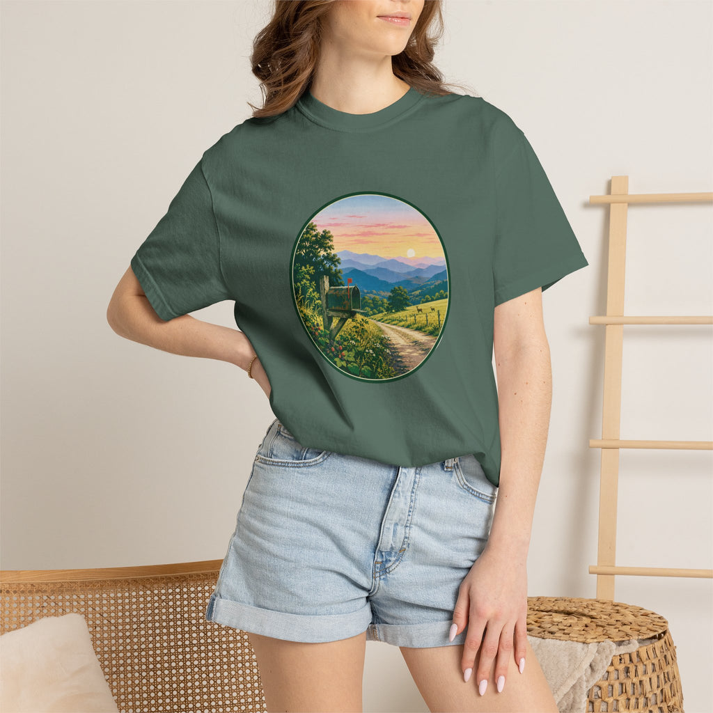Scenic Backroad Sunset T-Shirt — Vintage Mailbox Circle Landscape Tee