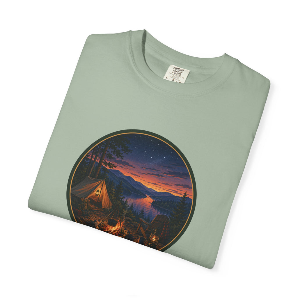 Camping Sunset T-Shirt — Riverside Campfire Night Scene