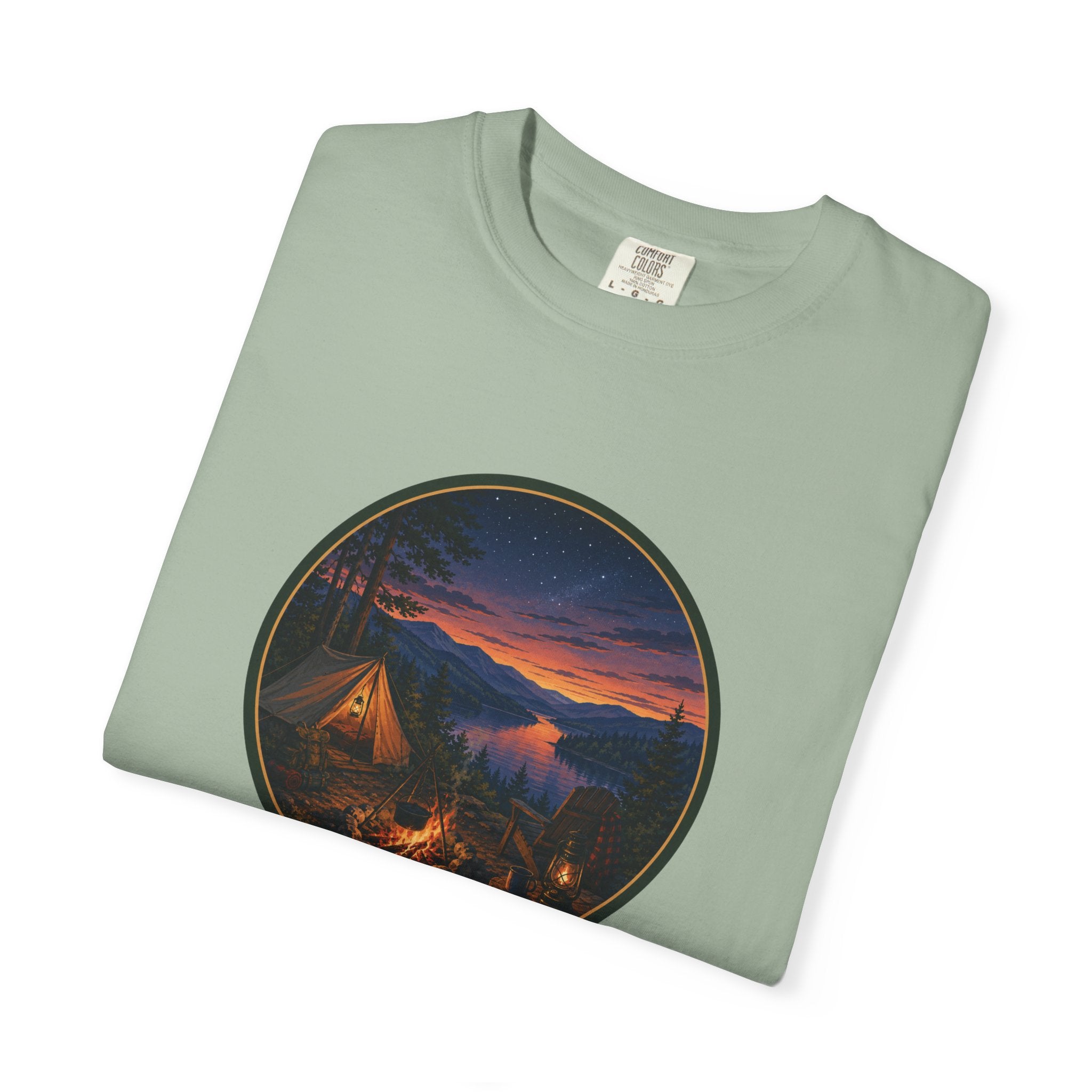 Camping Sunset T-Shirt — Riverside Campfire Night Scene