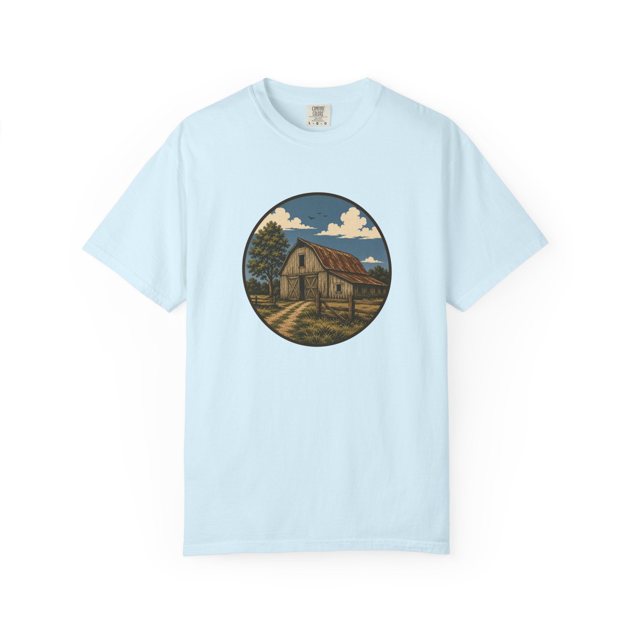 Barn Scene T-Shirt — Rustic Farmhouse Circle Graphic Tee