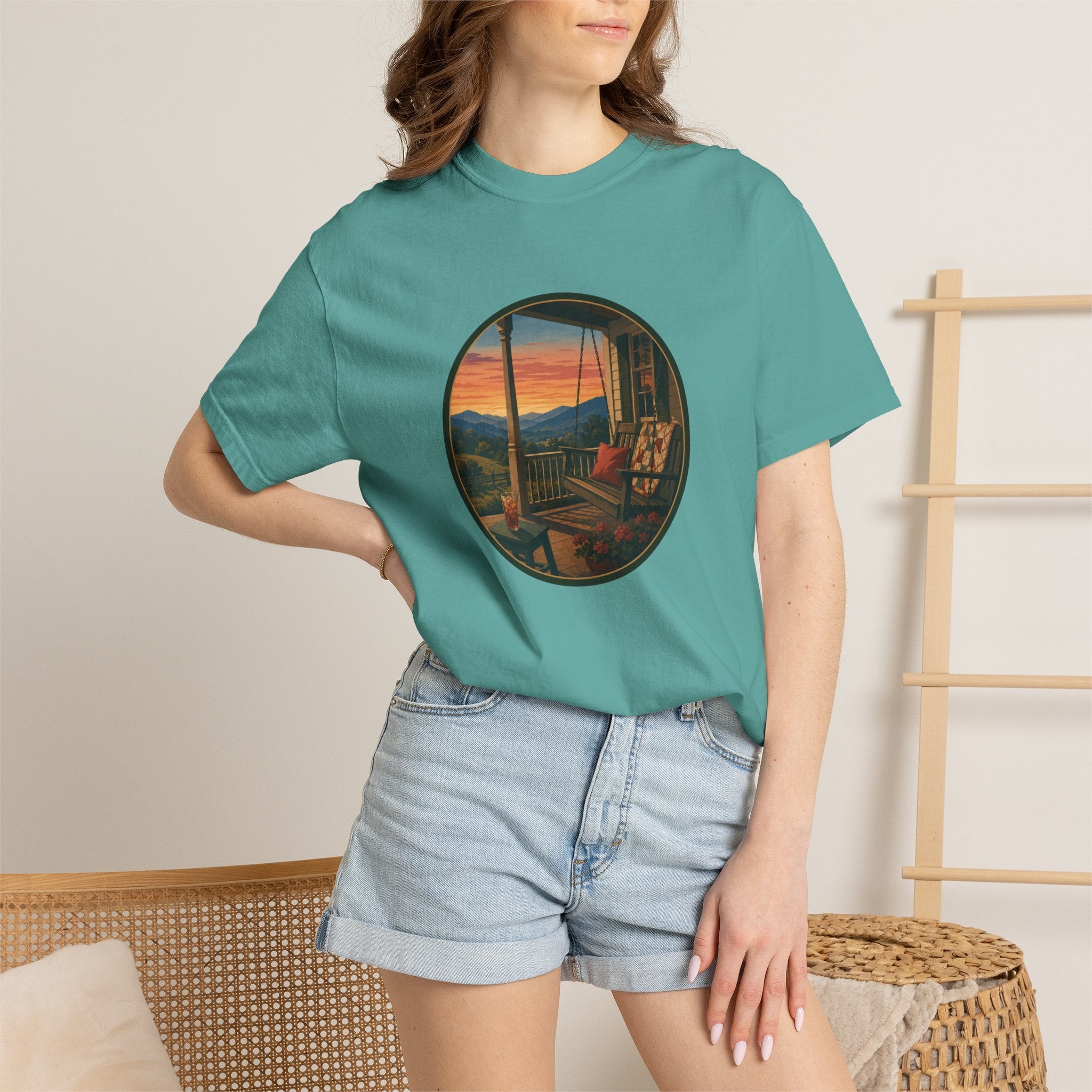 Sunset Porch Circle T-Shirt — Scenic Porch Swing Graphic Tee
