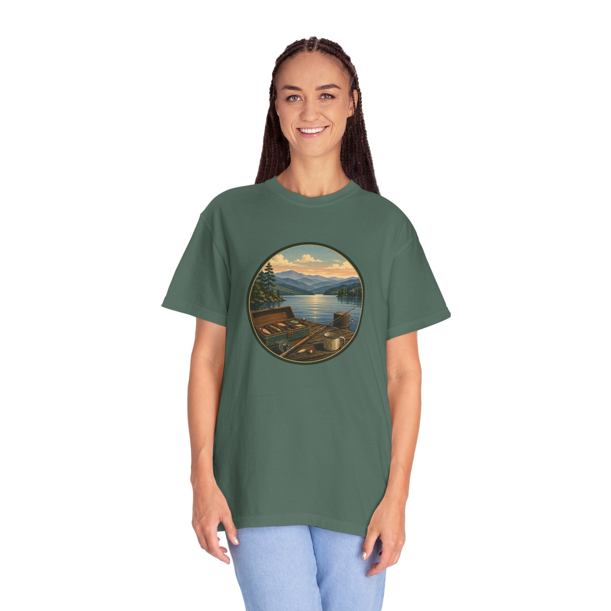 Vintage Fishing Tackle T-Shirt — Mountain View Dock Scene Tee