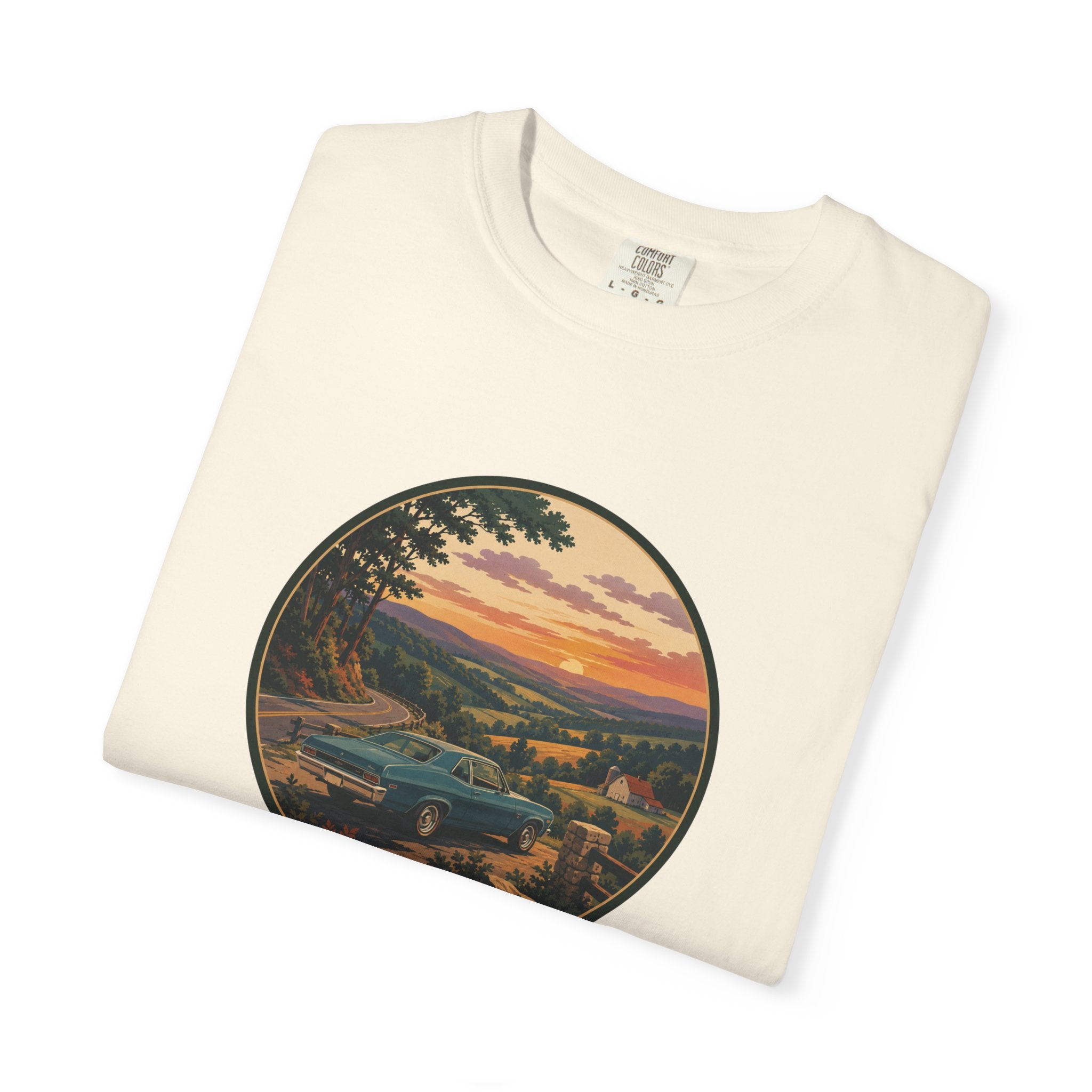 Sunset Valley Classic Car Landscape T-Shirt