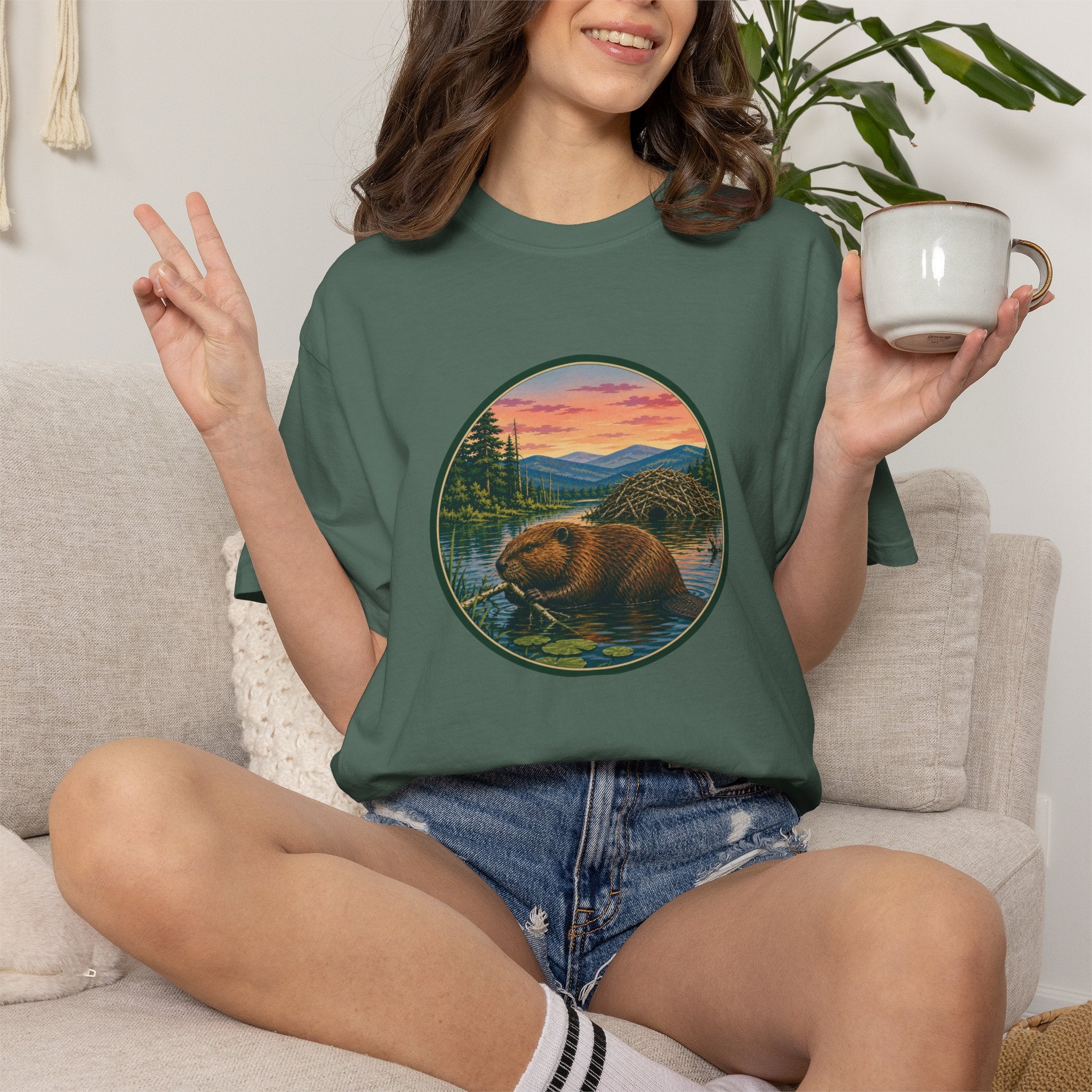 Beaver Sunset T-Shirt — Mountain Lake Wildlife Graphic Tee