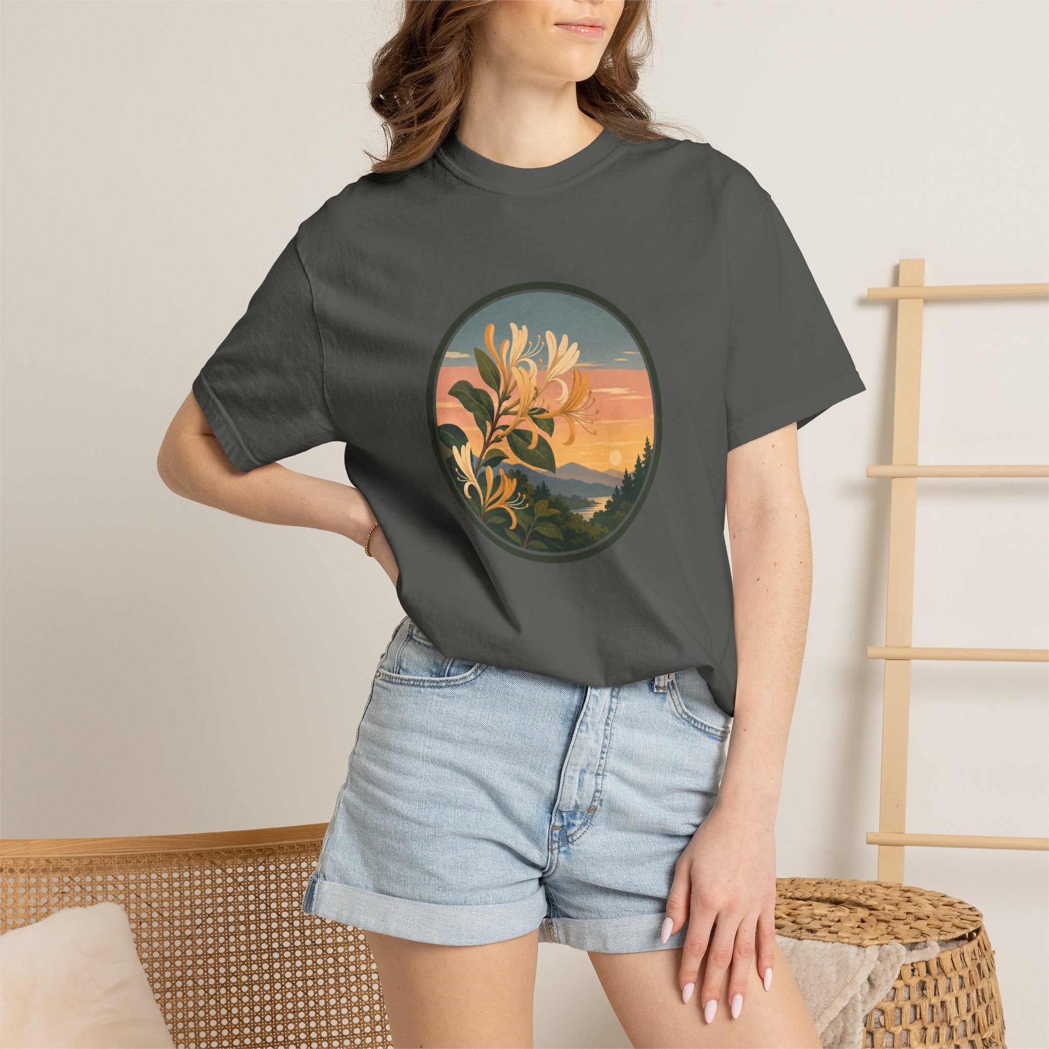Sunset Honeysuckle T-Shirt — Floral Sunset Circle Graphic Tee
