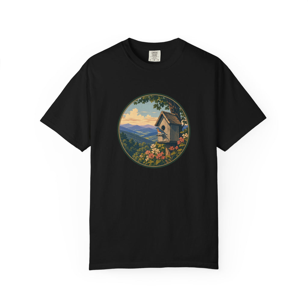 Scenic Birdhouse Tee — Mountain Sunrise Nature T-Shirt
