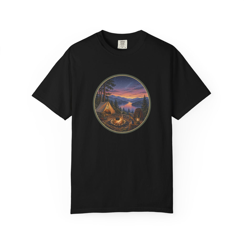 Camping Sunset T-Shirt — Riverside Campfire Night Scene