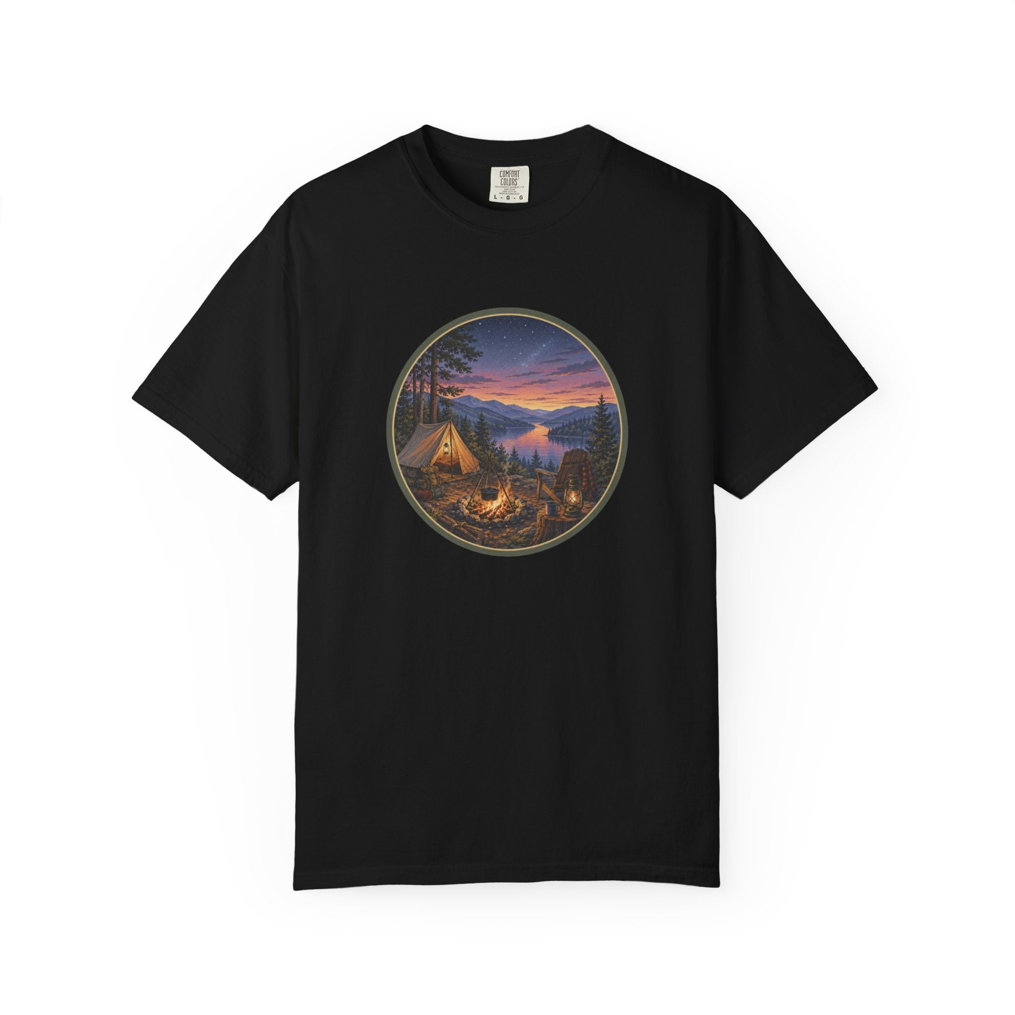 Camping Sunset T-Shirt — Riverside Campfire Night Scene