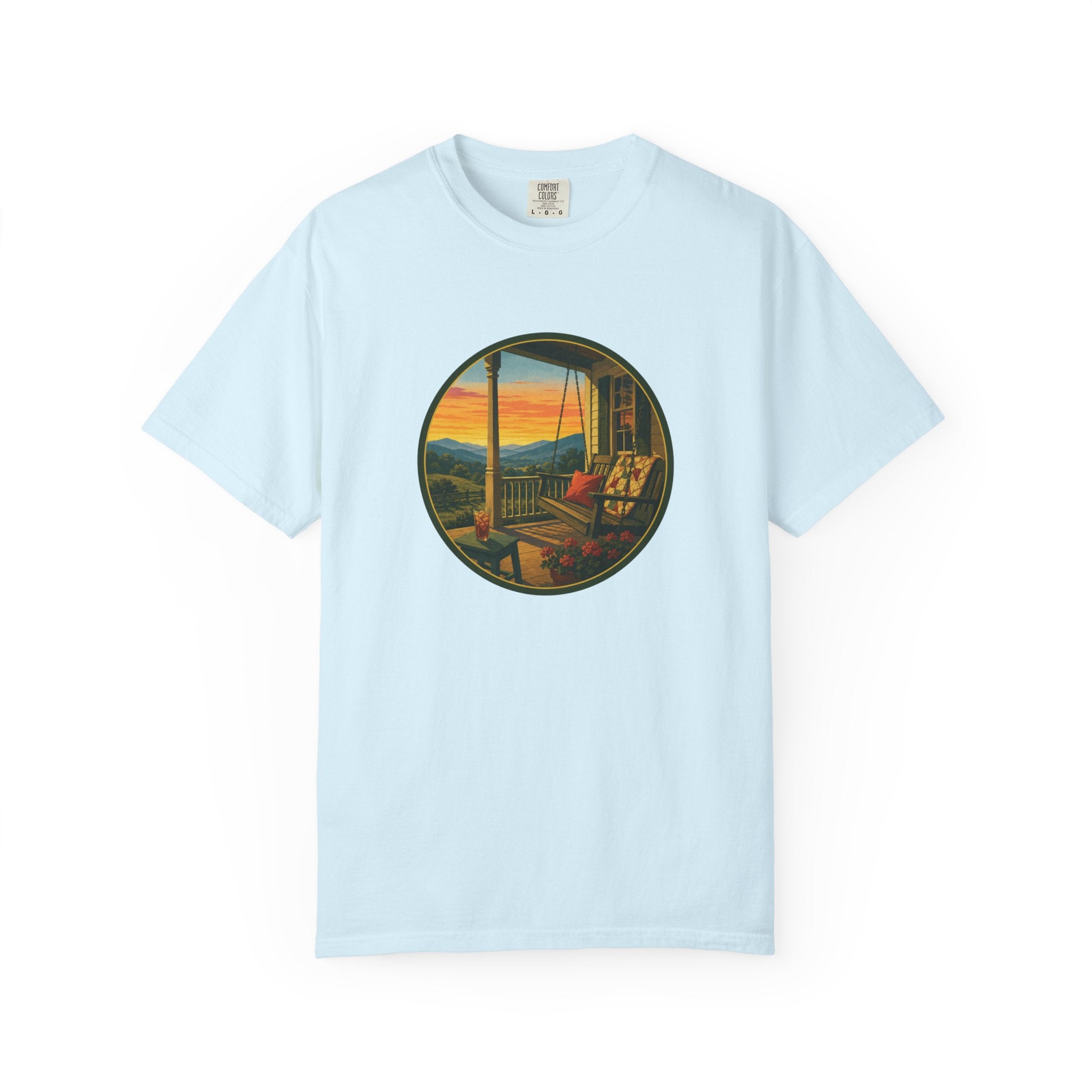 Sunset Porch Circle T-Shirt — Scenic Porch Swing Graphic Tee