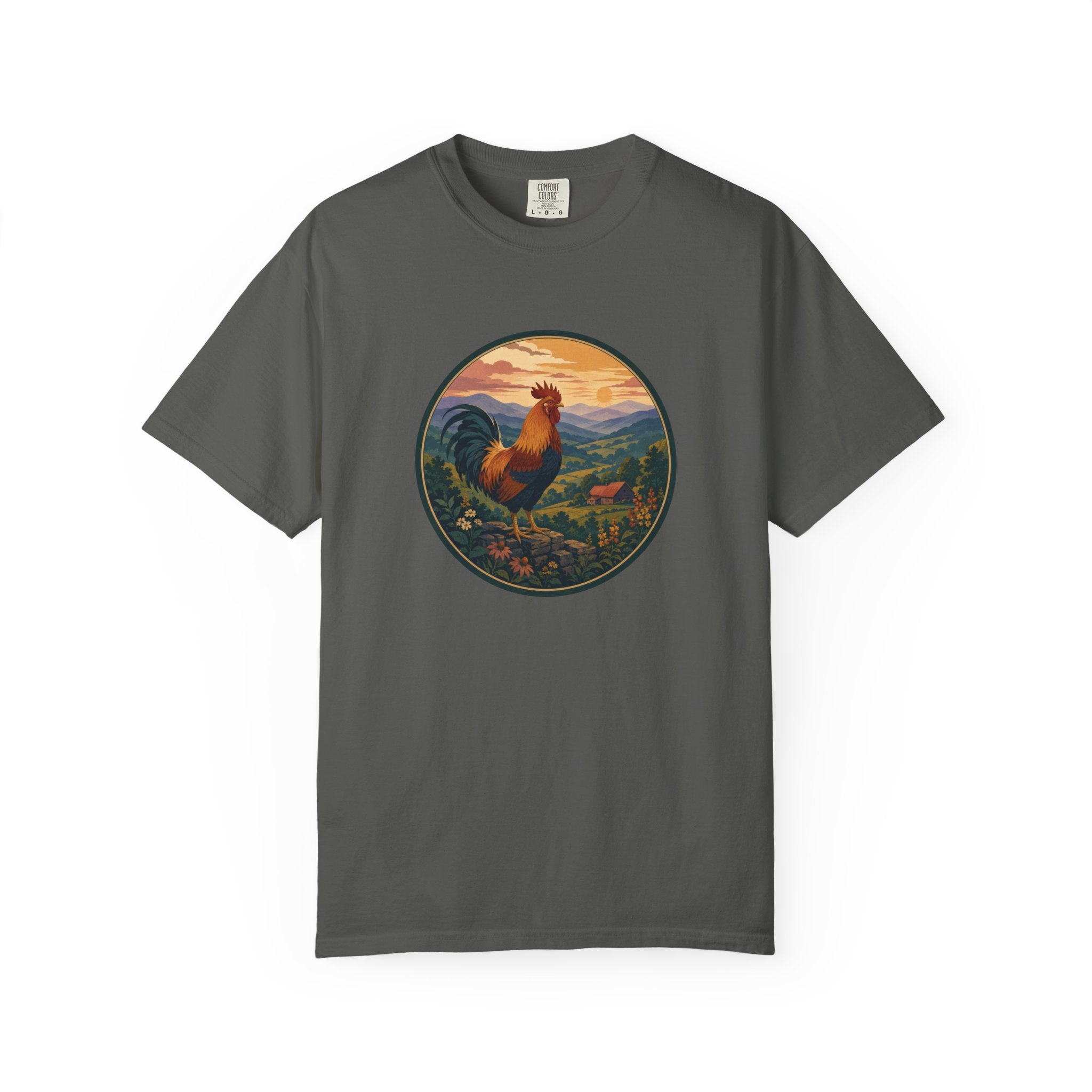 Blue Ridge Rooster Sunrise T-Shirt — Vintage Farm Scene Tee