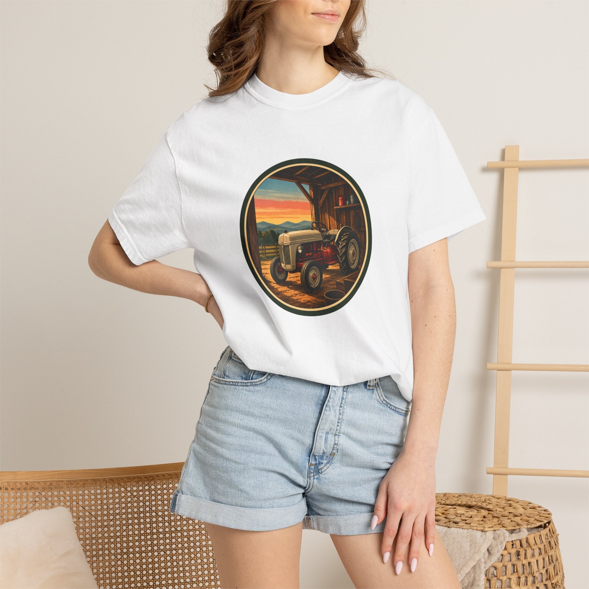 Vintage Tractor Circle T-Shirt — Rustic Farmstead Sunset Tee