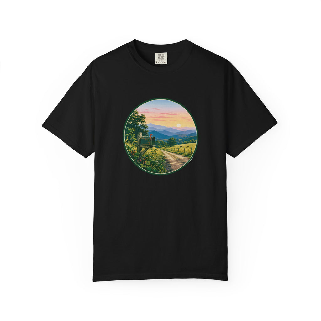 Scenic Backroad Sunset T-Shirt — Vintage Mailbox Circle Landscape Tee