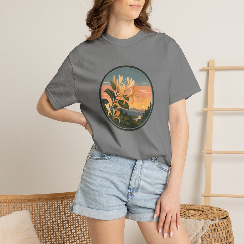 Sunset Honeysuckle T-Shirt — Floral Sunset Circle Graphic Tee