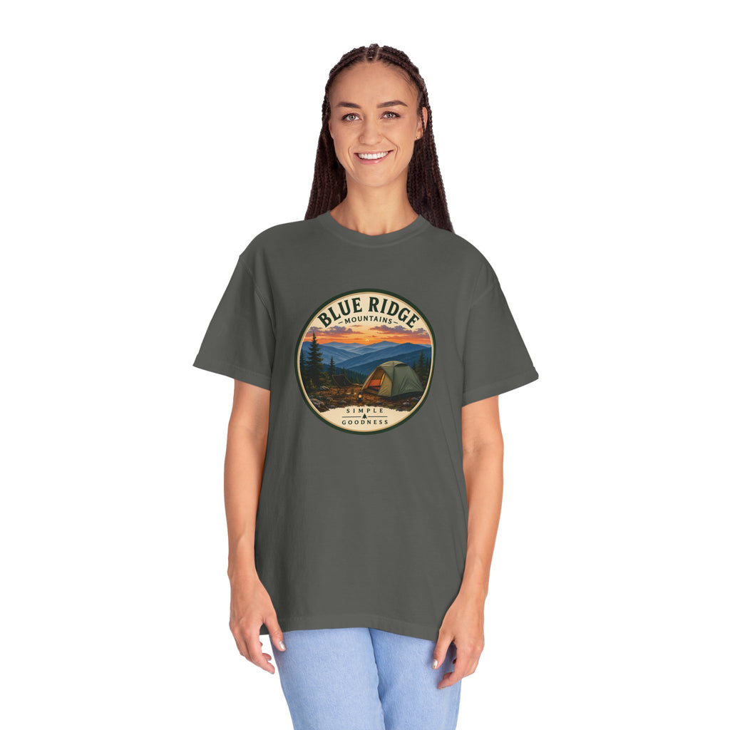Blue Ridge Mountains Camping T-Shirt — Vintage Scenic Camp Graphic