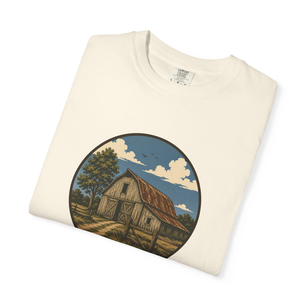 Barn Scene T-Shirt — Rustic Farmhouse Circle Graphic Tee