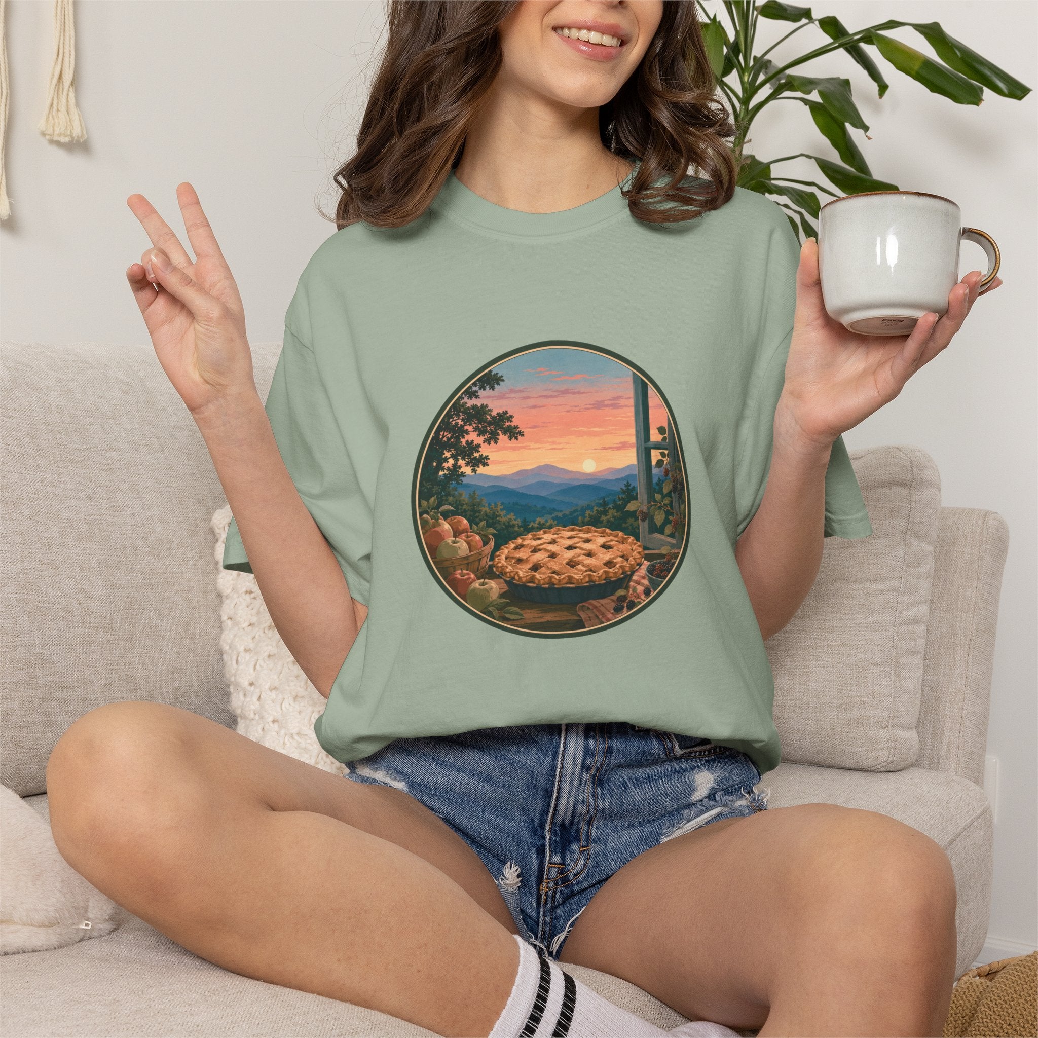 Scenic Pie Window T-Shirt — Sunset Mountain View Graphic Tee