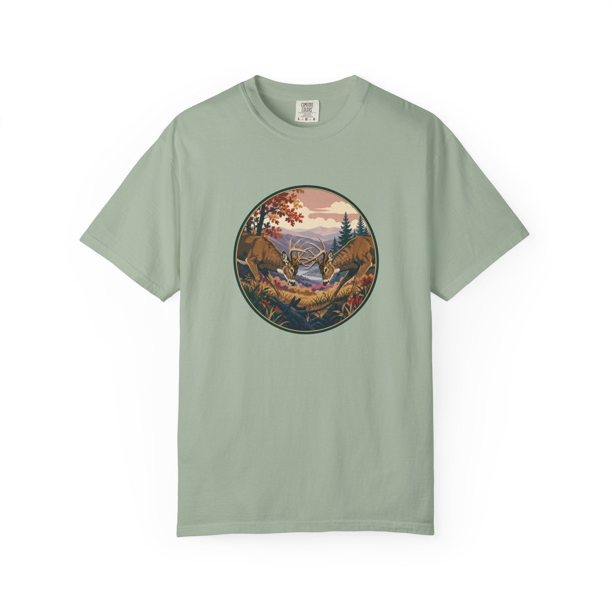 Scenic Wilderness Circle T-Shirt — Mountain Camping & Deer Nature Graphic