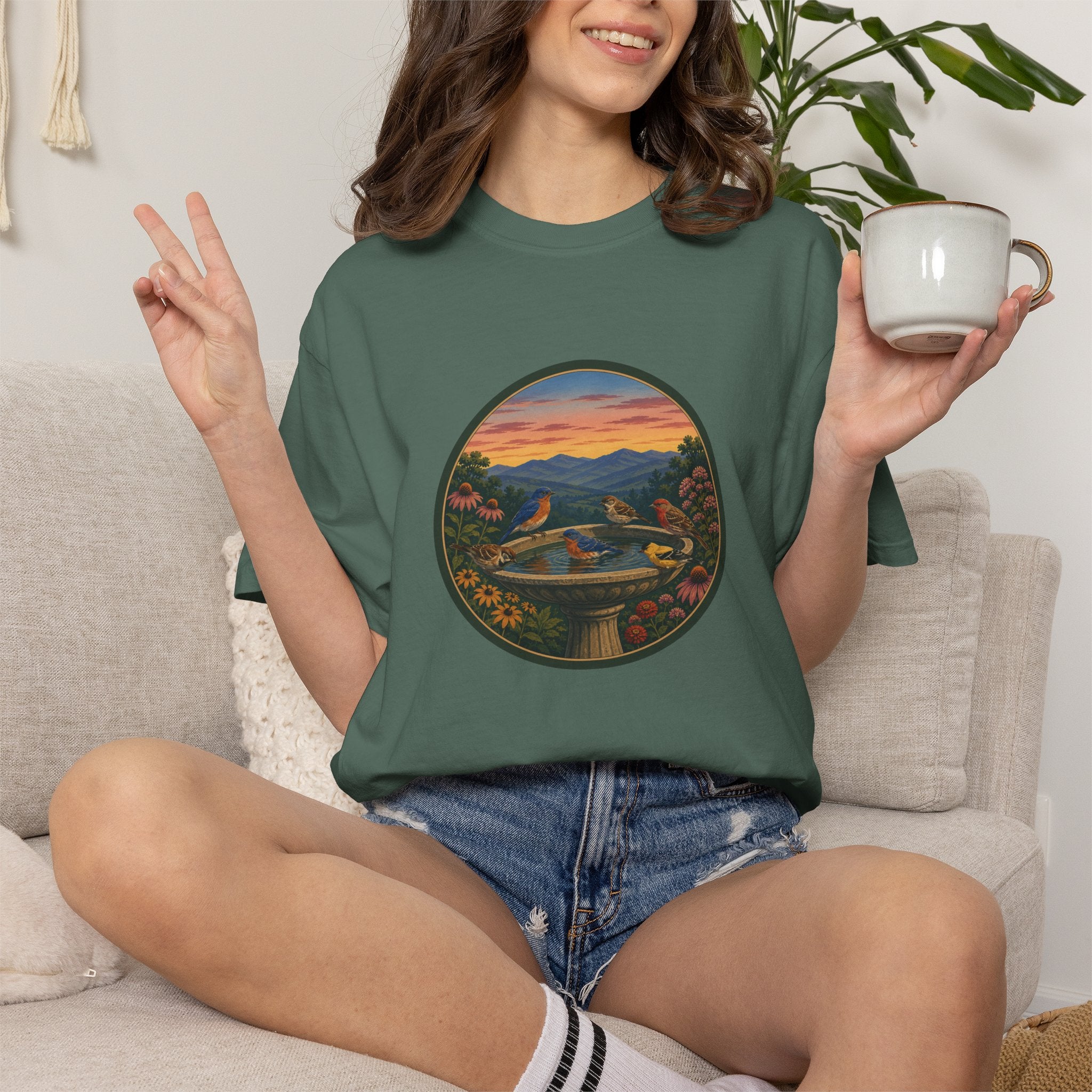 Sunset Garden Tee — Vintage Birdbath Landscape T-Shirt