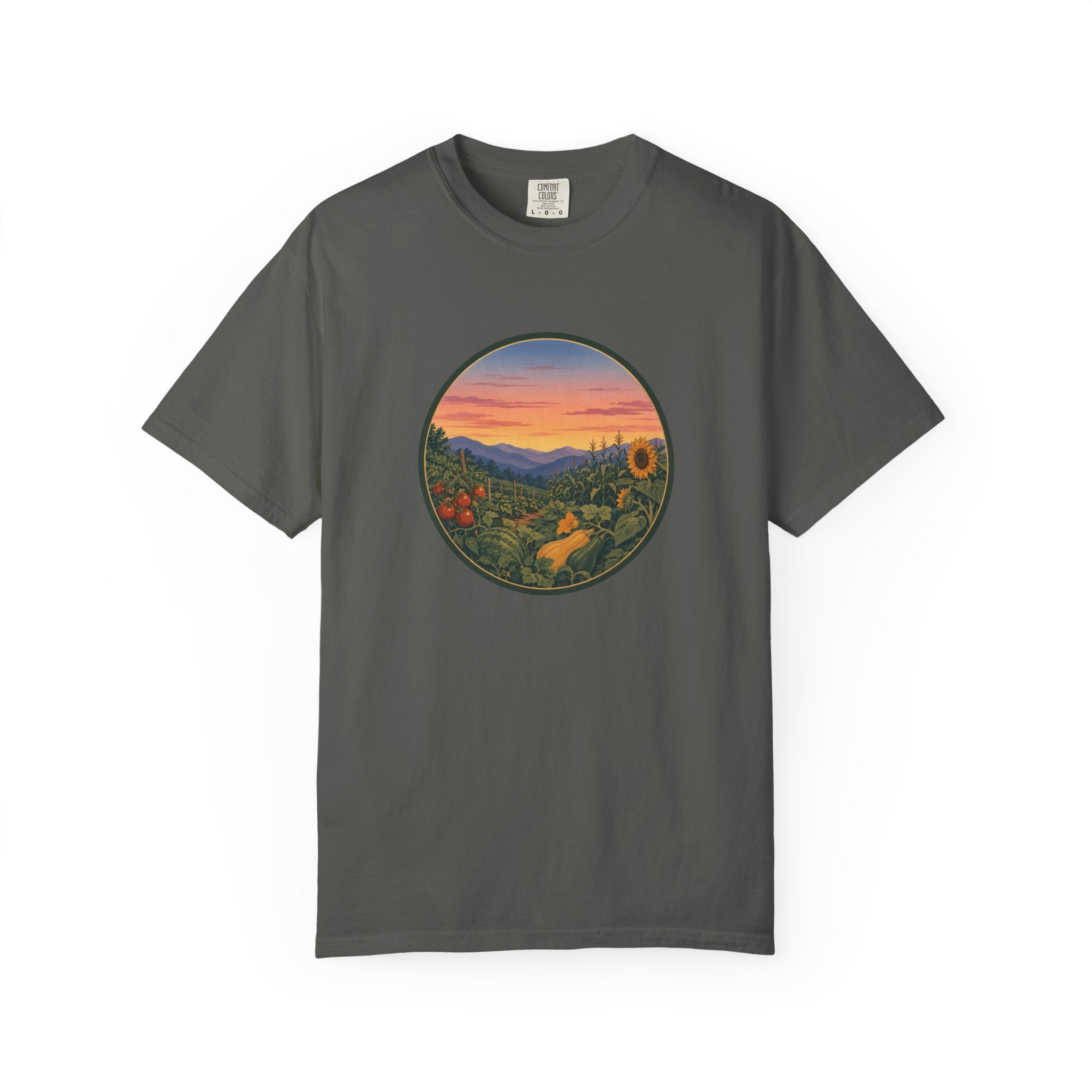 Sunset Mountain Garden T-Shirt — Scenic Fresh Vegetables Landscape Tee