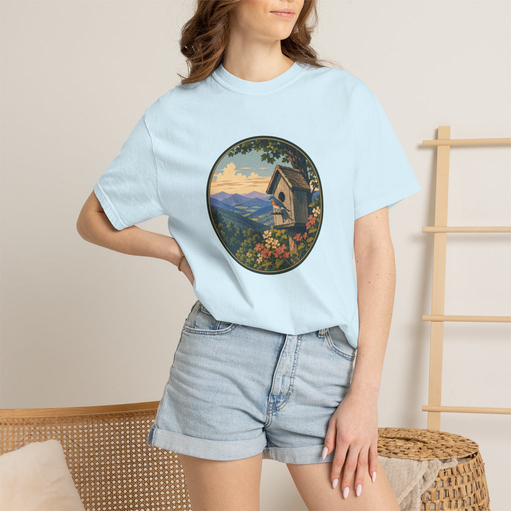 Scenic Birdhouse Tee — Mountain Sunrise Nature T-Shirt