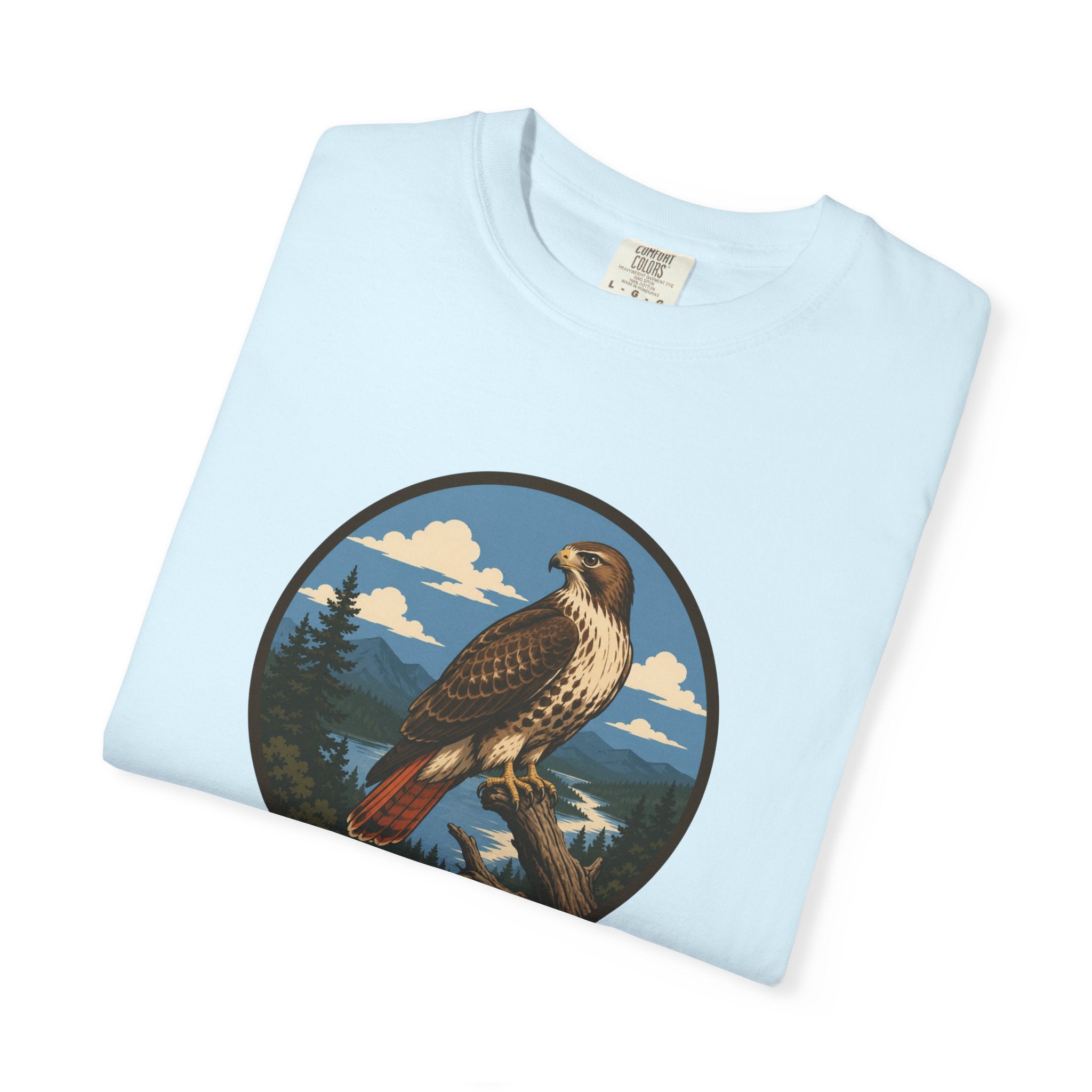 Red-Tail Hawk Mountain Circle T-Shirt — Vintage Hawk Nature Graphic Tee