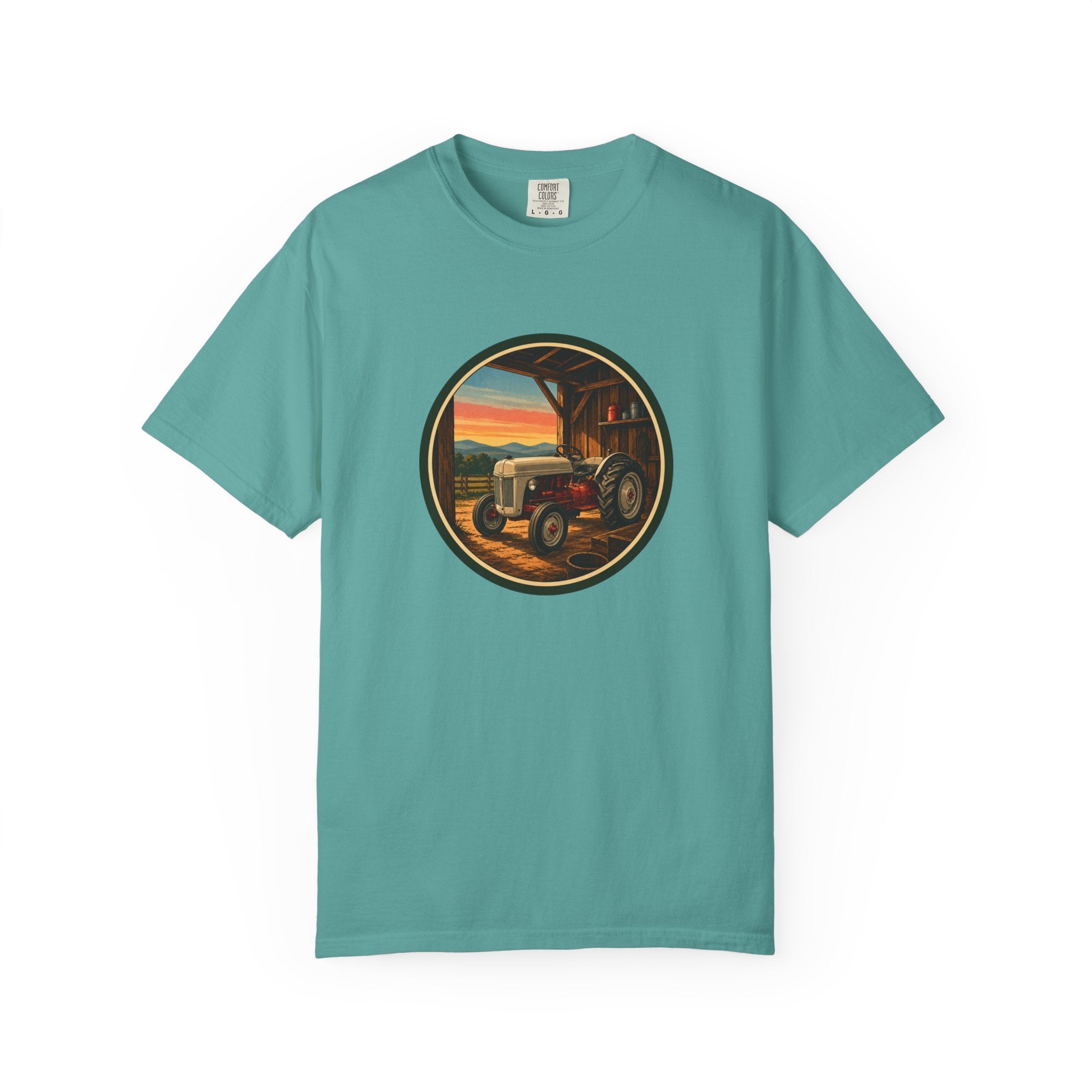 Vintage Tractor Circle T-Shirt — Rustic Farmstead Sunset Tee