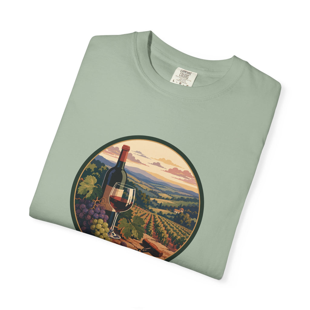 Wine Country Scenic T-Shirt – Vineyard Bottle & Sunset Graphic