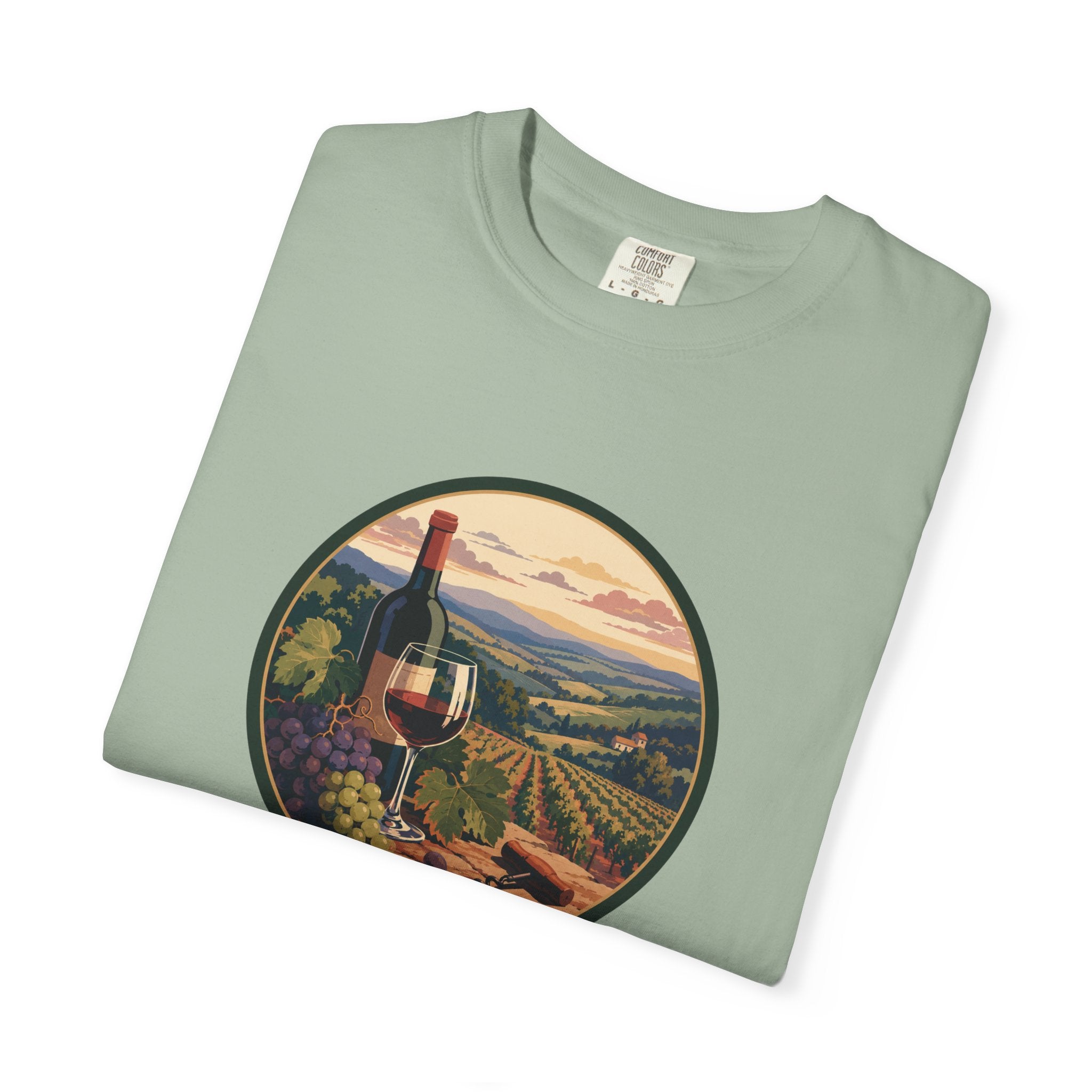 Wine Country Scenic T-Shirt – Vineyard Bottle & Sunset Graphic