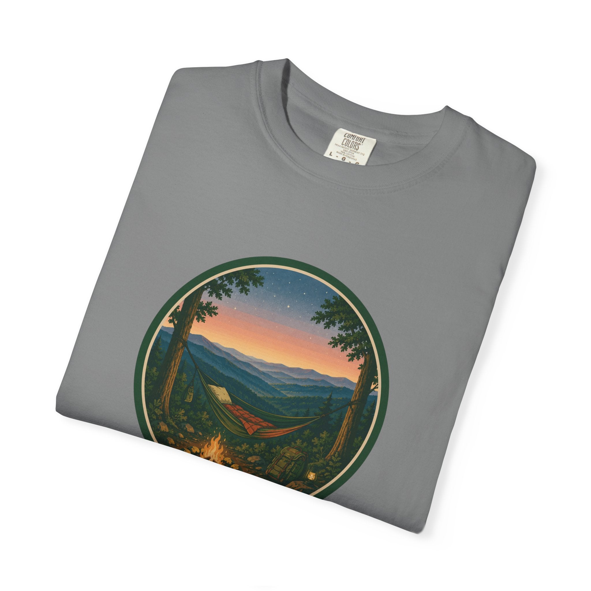 Campfire Mountain Sunset T-Shirt — Scenic Hiking Adventure Tee