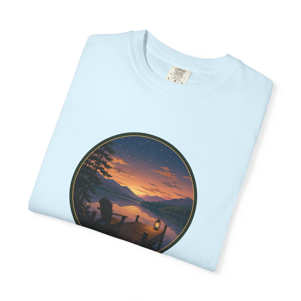 Sunset Lake Camping T-Shirt — Scenic Mountain Lantern Graphic
