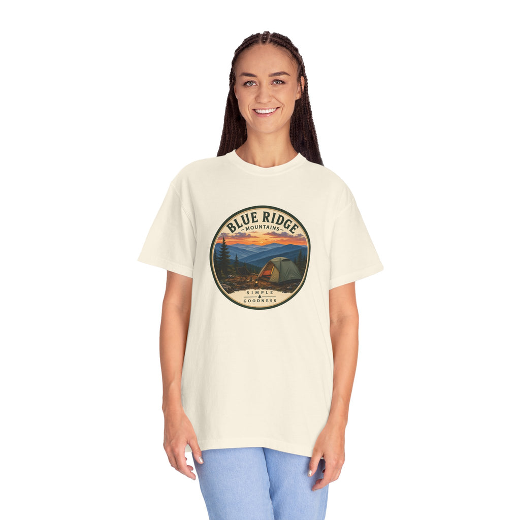 Blue Ridge Mountains Camping T-Shirt — Vintage Scenic Camp Graphic