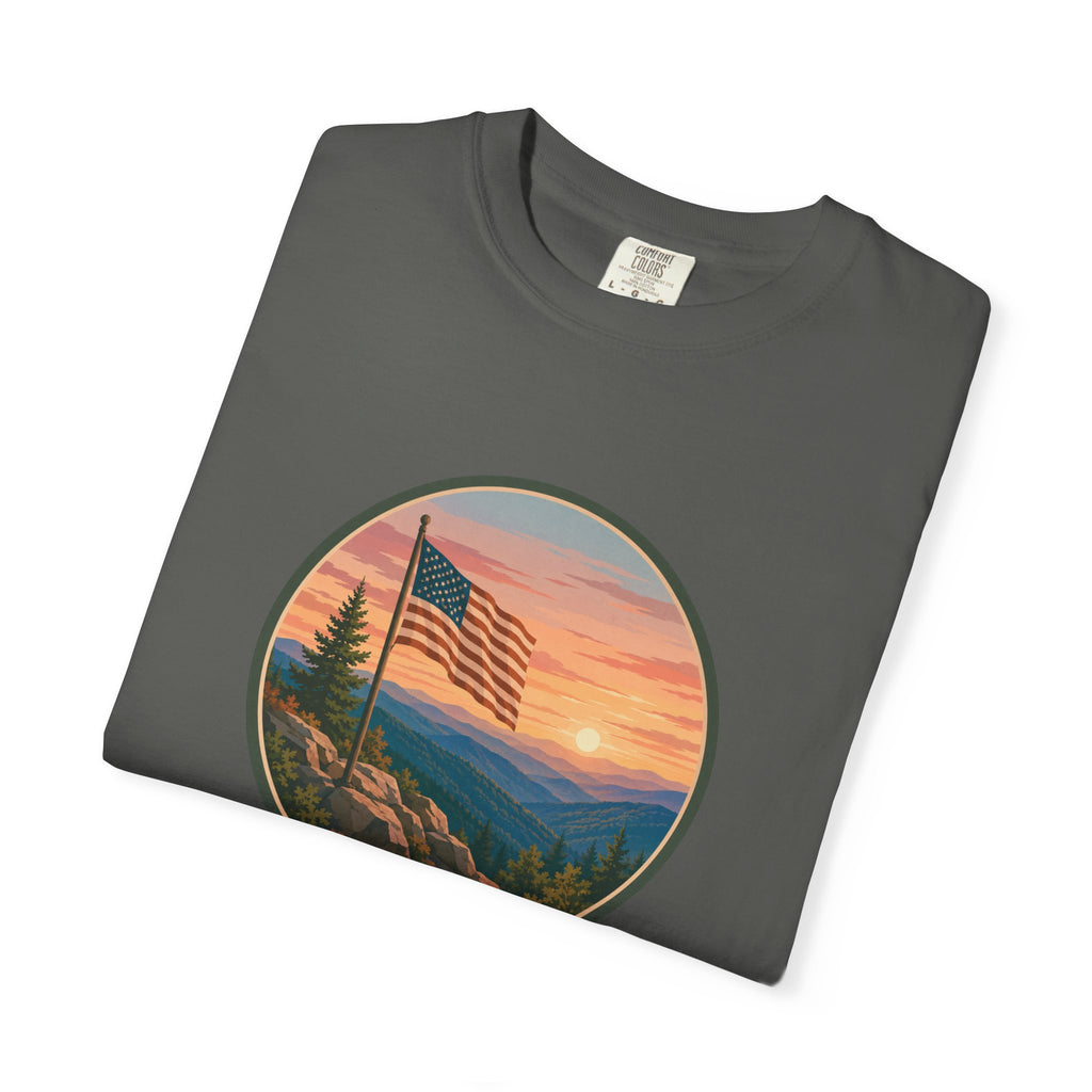 Flag Over Blue Ridge Mountains T-Shirt — Scenic Sunset American Flag Graphic Tee