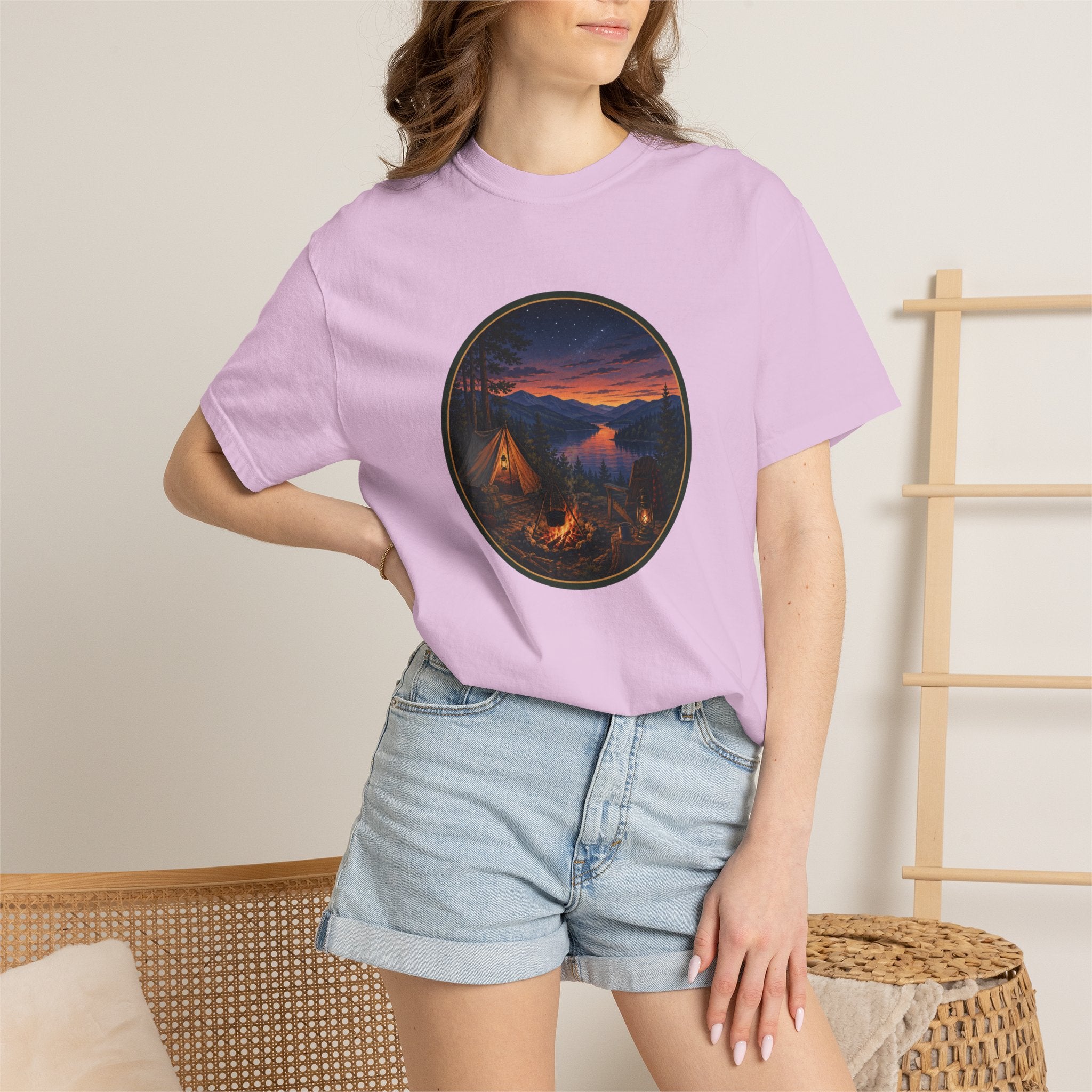 Camping Sunset T-Shirt — Riverside Campfire Night Scene