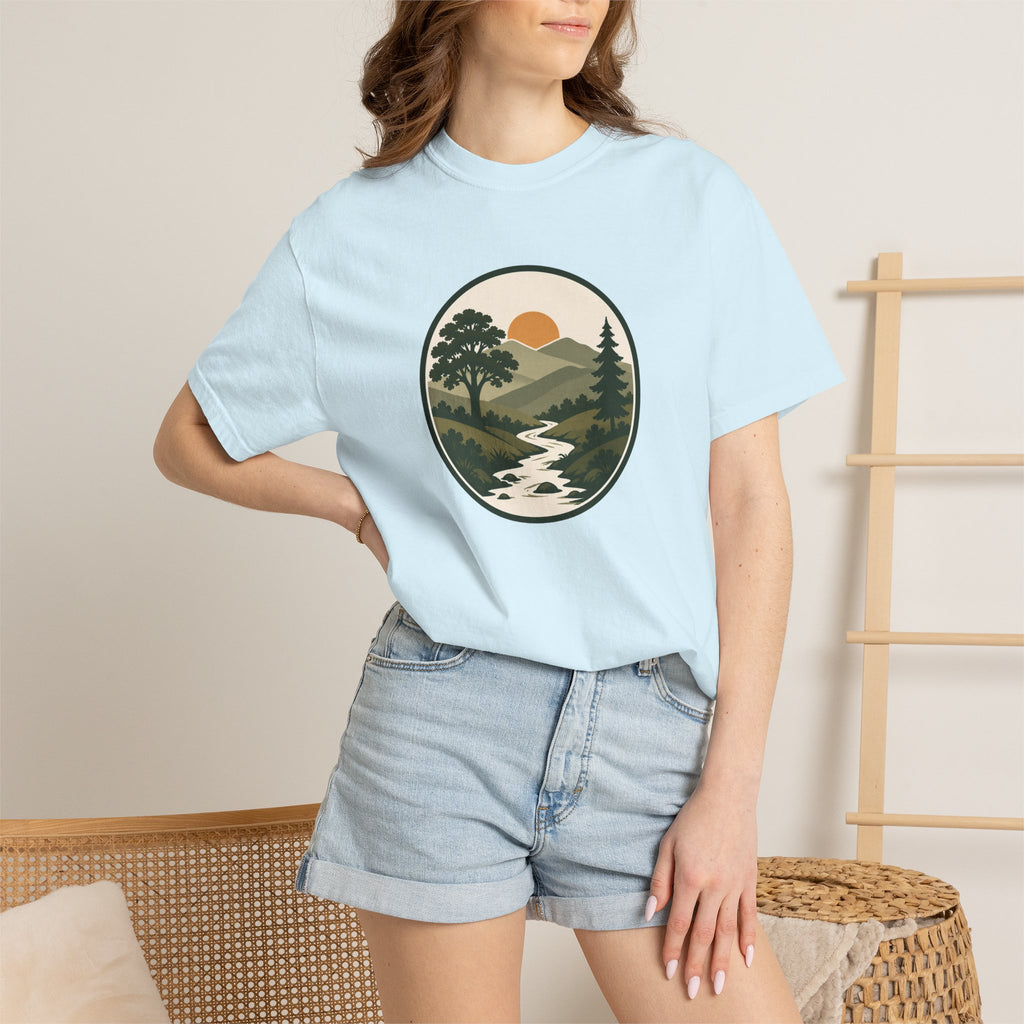Simple Goodness Badge T-Shirt — Scenic Mountain Sunset River Design
