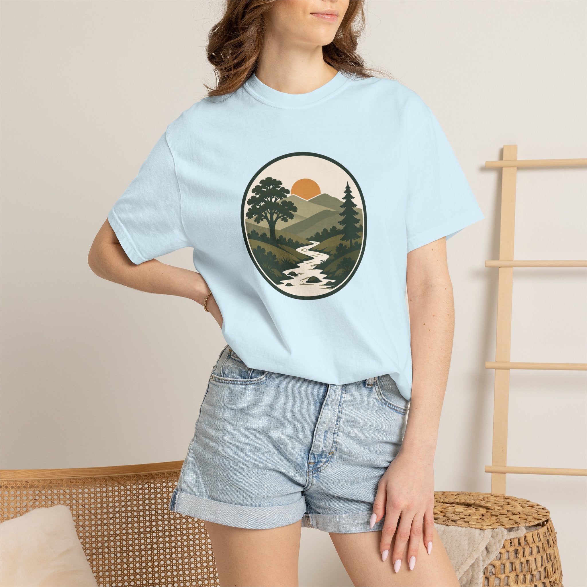 Simple Goodness Badge T-Shirt — Scenic Mountain Sunset River Design