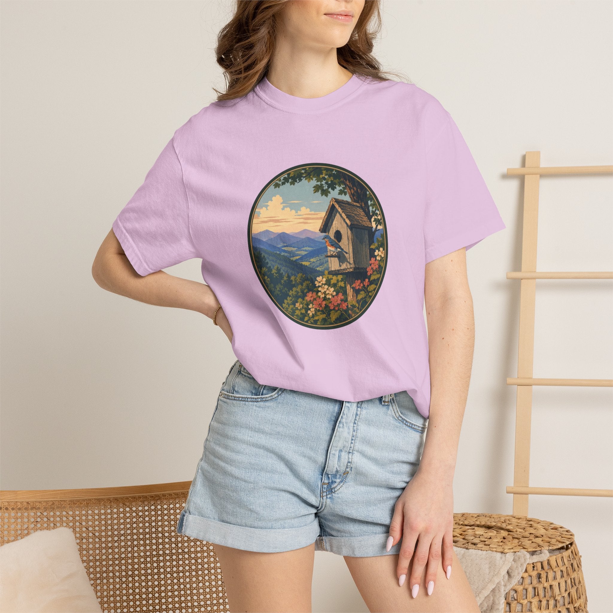 Scenic Birdhouse Tee — Mountain Sunrise Nature T-Shirt