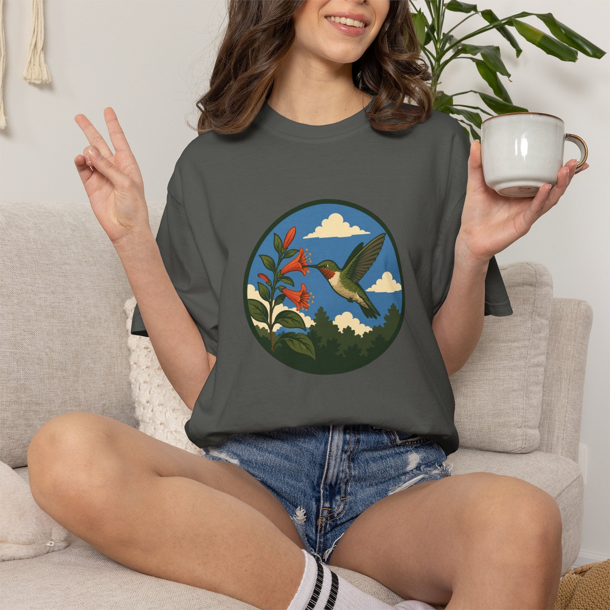 Hummingbird Circle Graphic T-Shirt — Floral Nature Tee