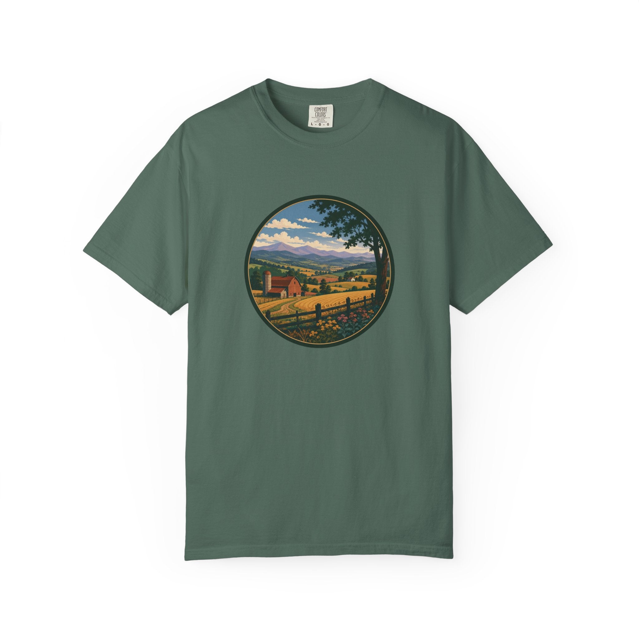 Scenic Countryside T-Shirt — Vintage Farm Landscape Graphic