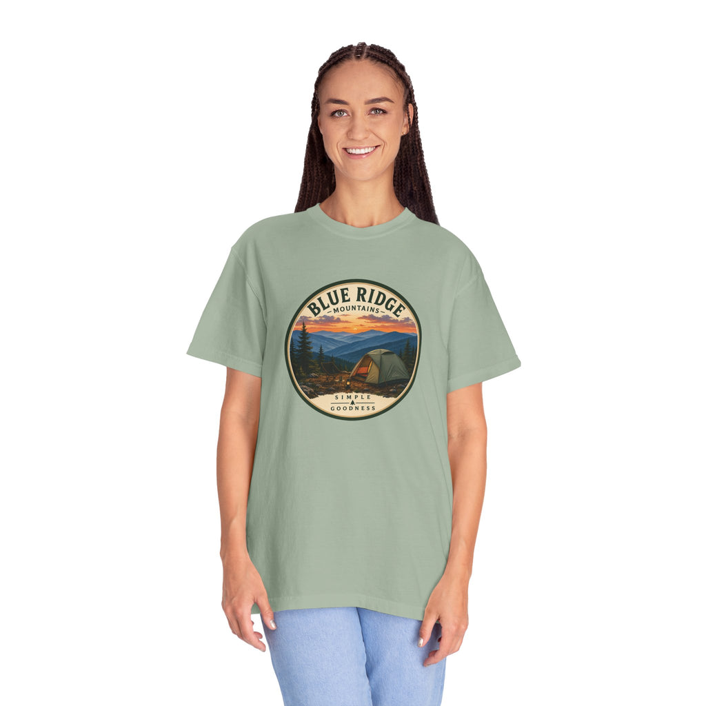 Blue Ridge Mountains Camping T-Shirt — Vintage Scenic Camp Graphic