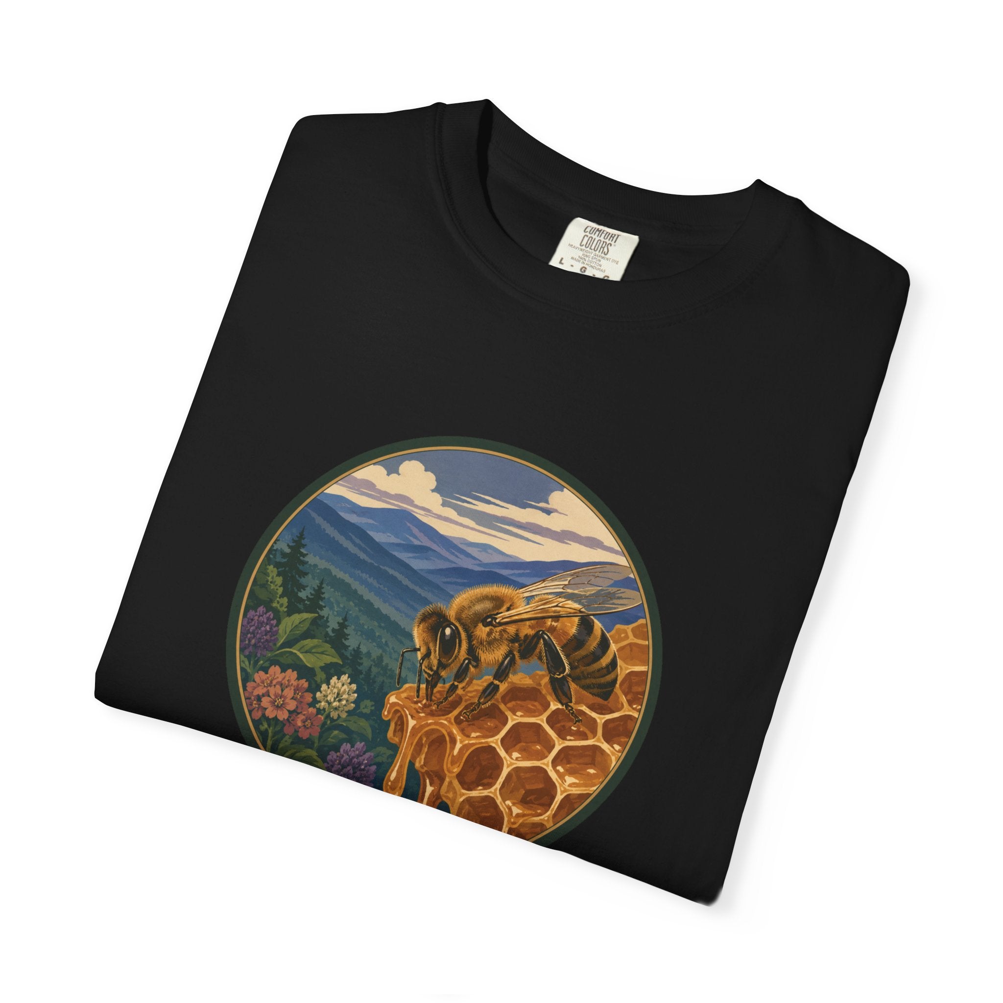 Honey Bee & Mountains Graphic T-Shirt — Honeycomb Nature Illustration