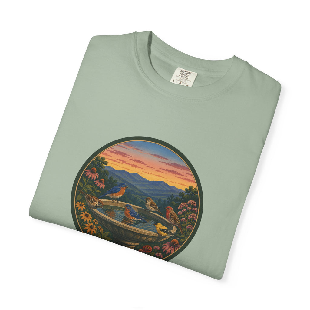 Sunset Garden Tee — Vintage Birdbath Landscape T-Shirt