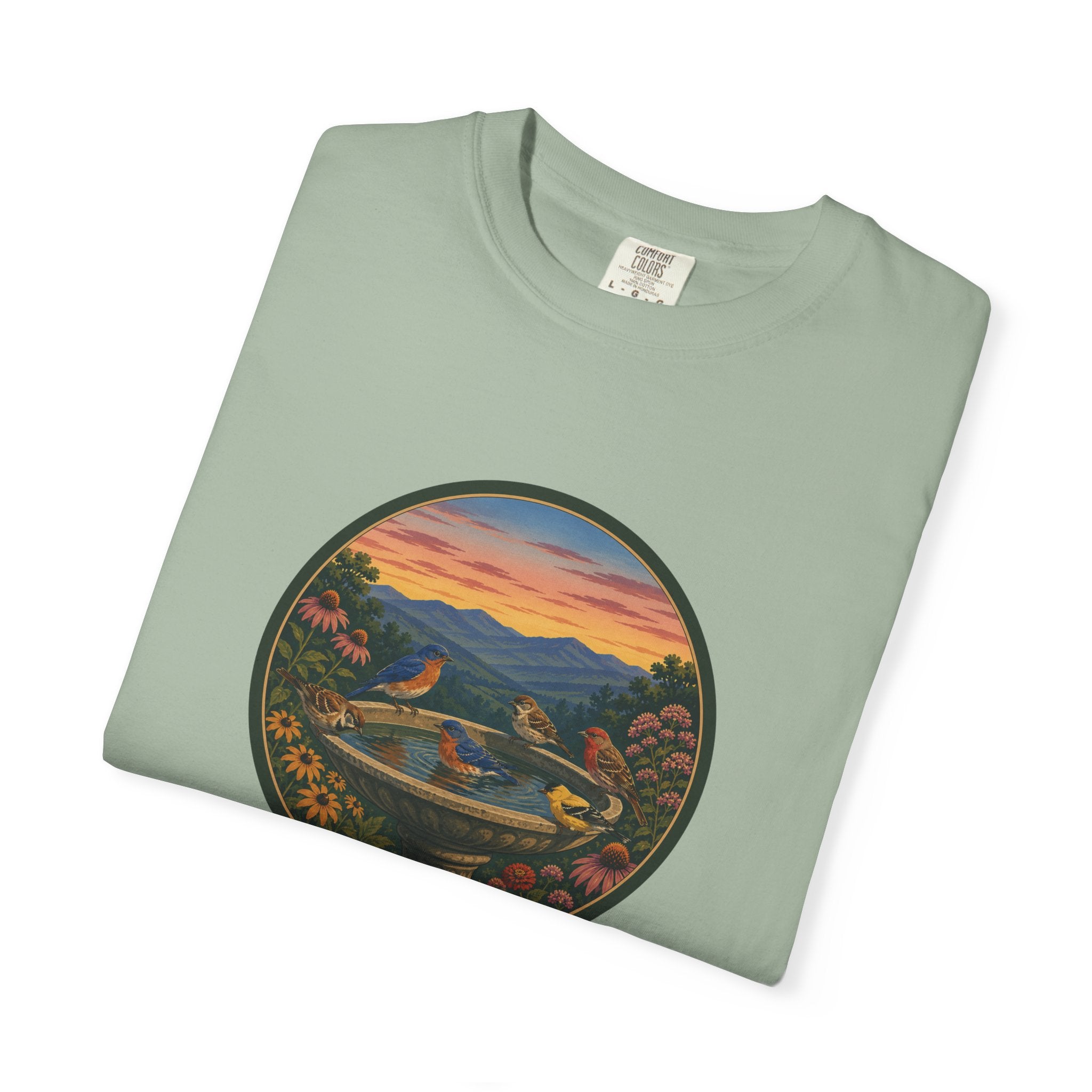 Sunset Garden Tee — Vintage Birdbath Landscape T-Shirt