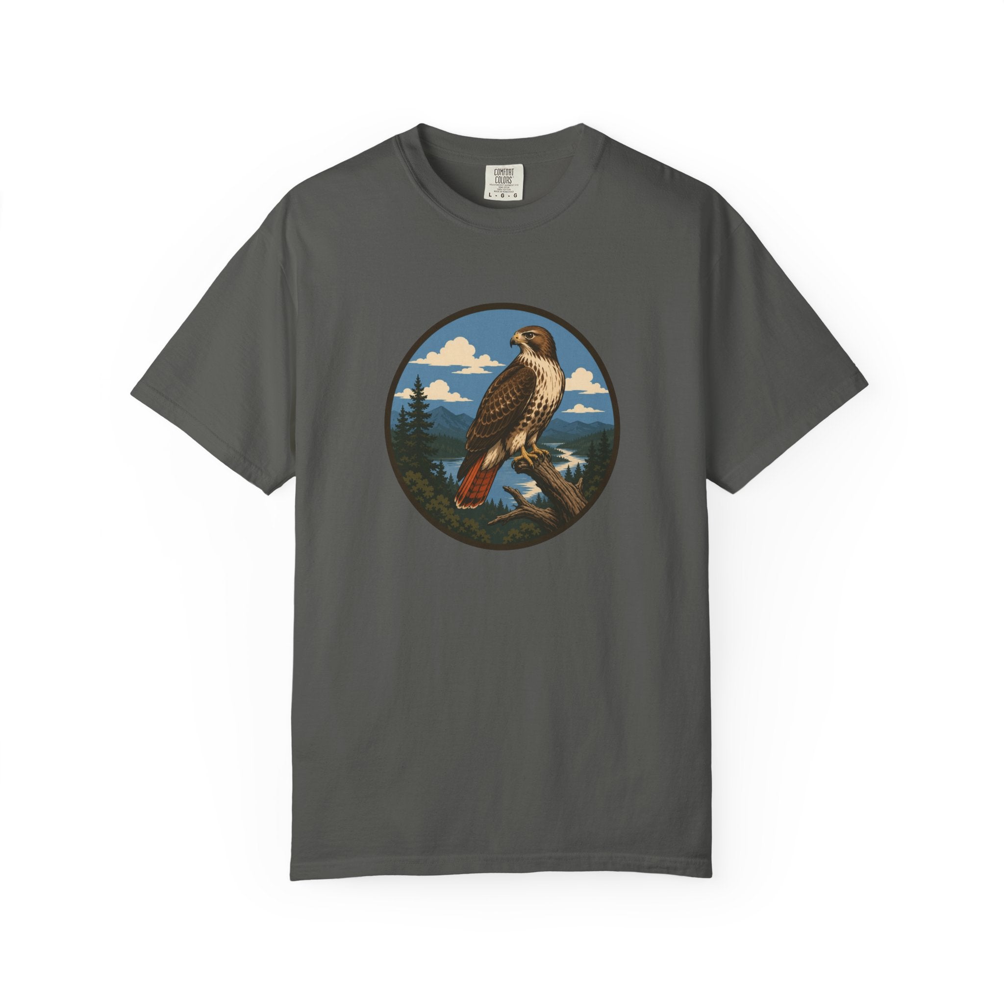Red-Tail Hawk Mountain Circle T-Shirt — Vintage Hawk Nature Graphic Tee